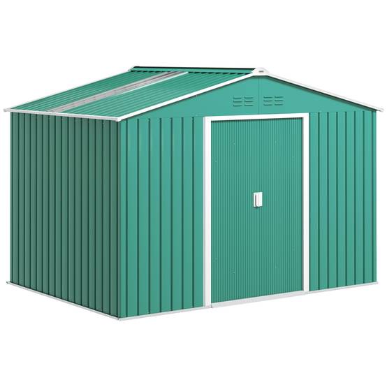 Abri de jardin 4,9 m² (277 x 195 x 192 cm) avec 2 portes coulissantes, toit en pente et 4 fenêtres, vert - Image 1