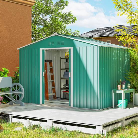 Abri de jardin 4,9 m² (277 x 195 x 192 cm) avec 2 portes coulissantes, toit en pente et 4 fenêtres, vert - Image 3