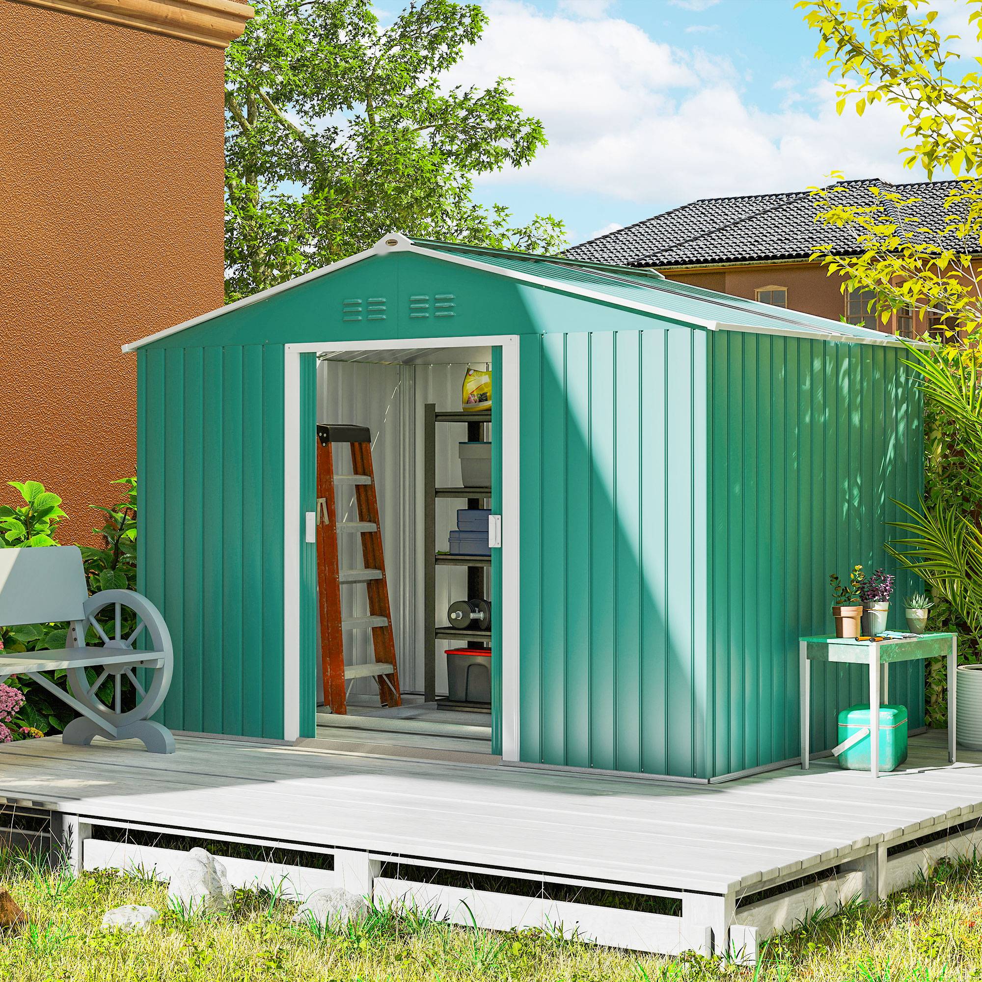 Abri de jardin 4,9 m² (277 x 195 x 192 cm) avec 2 portes coulissantes, toit en pente et 4 fenêtres, vert - Image 3