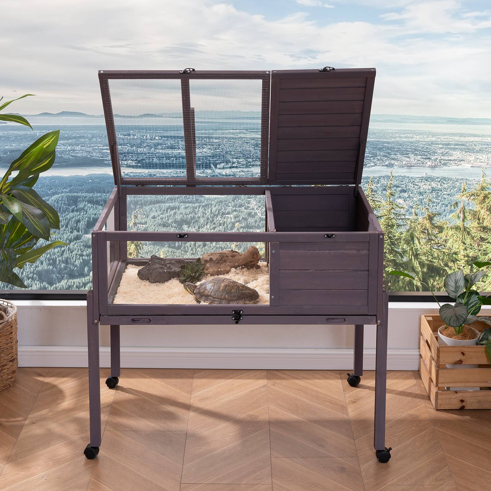 VEVOR Habitat en bois pour tortues intérieur/extérieur, enclos roulant avec support d'éclairage, pour reptiles. - Image 8