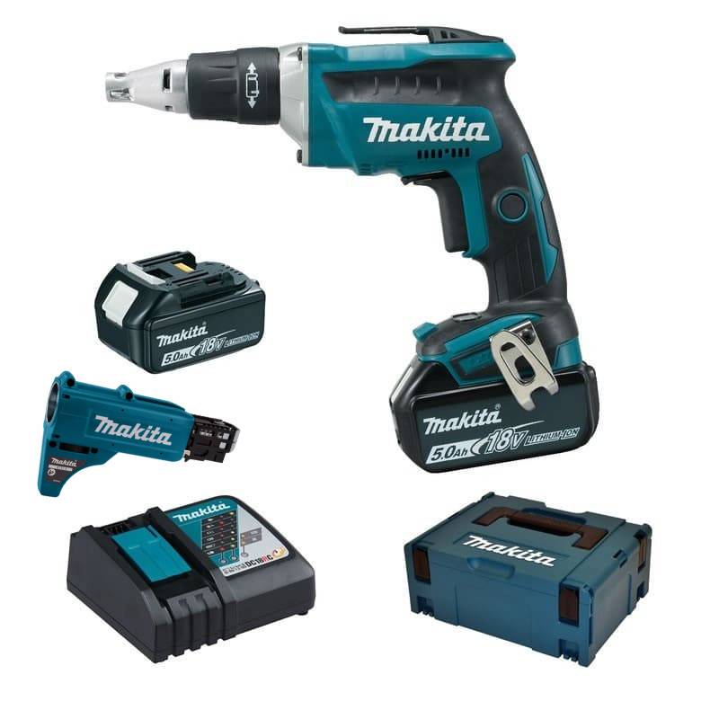 Visseuse automatique 18V - 25 à 55 mm - MAKITA - avec 2 batteries 18V 5Ah - chargeur - chargeur vis - MakPac - DFS452TJX2 - Image 1