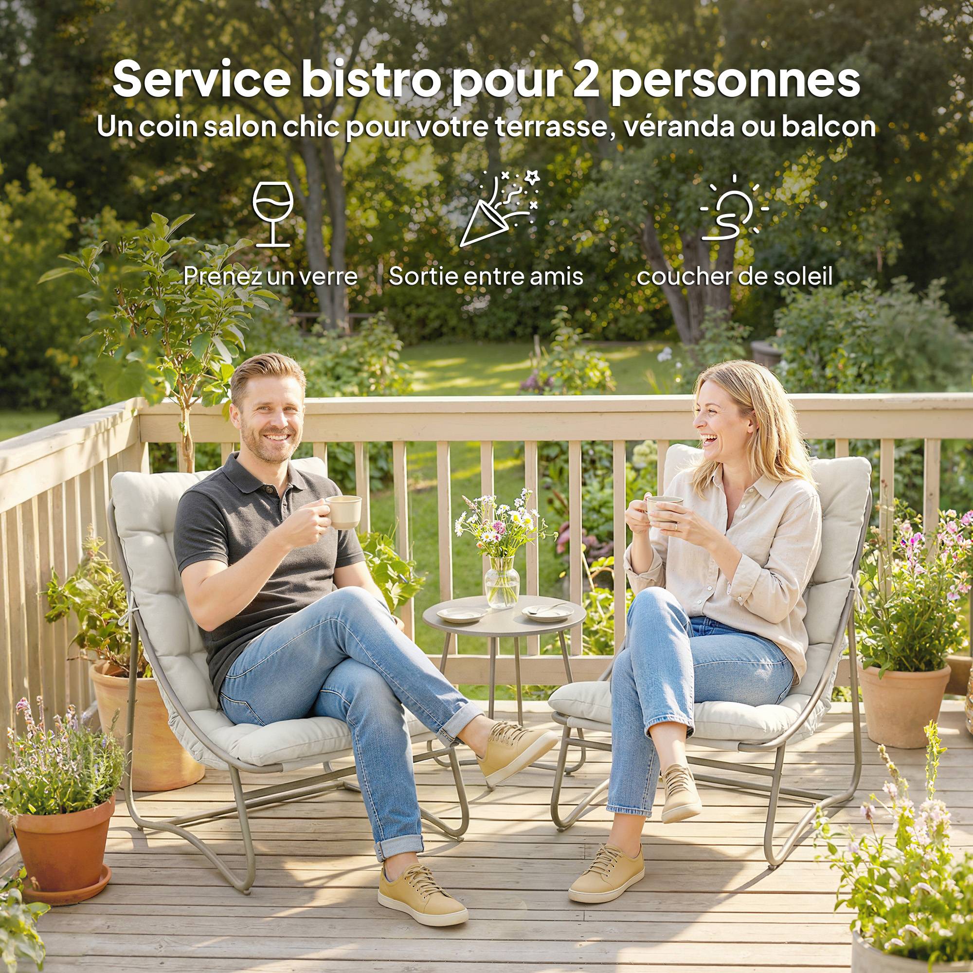 Outsunny - Salon bistro table et 2 chaises - coussins inclus - métal textilène - 3 pièces - gris clair - Outsunny - Image 7