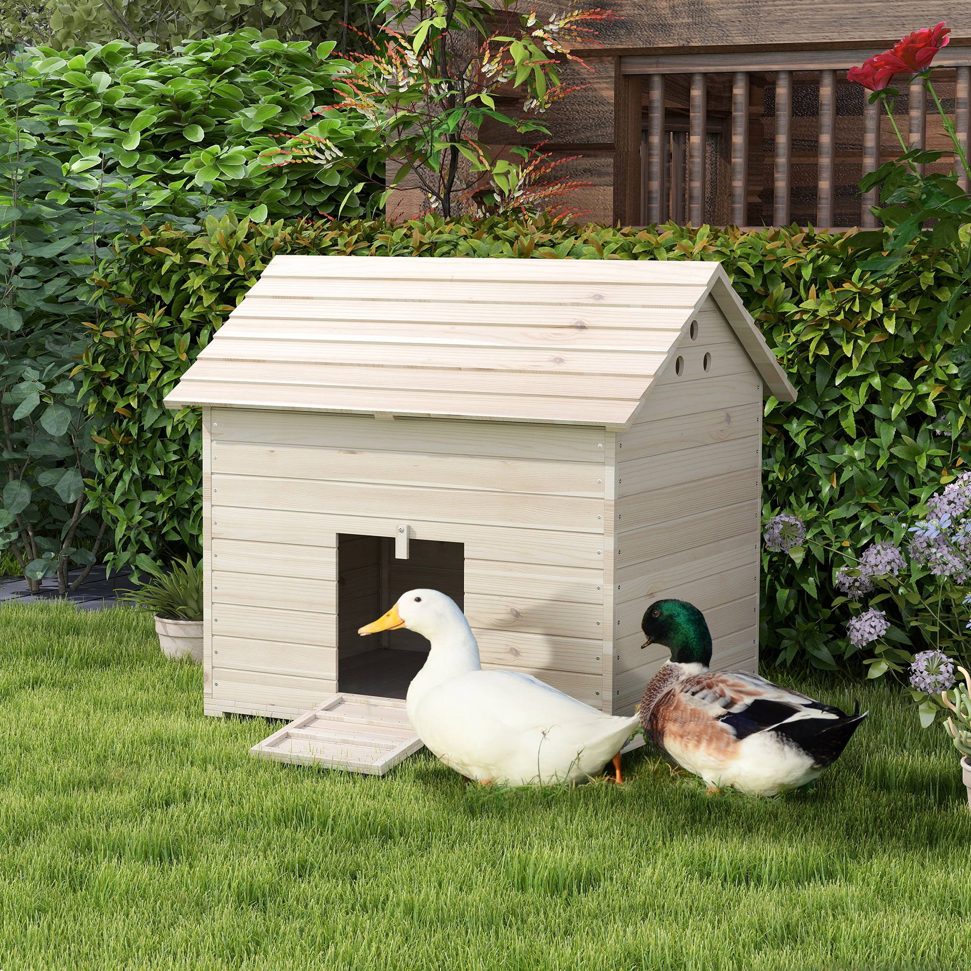 Abri Canards Bois Sapin Toit Ouvrant Rampe Sol Surélevé 100x82cm Naturel - ComfortXL Pet Living - Image 1