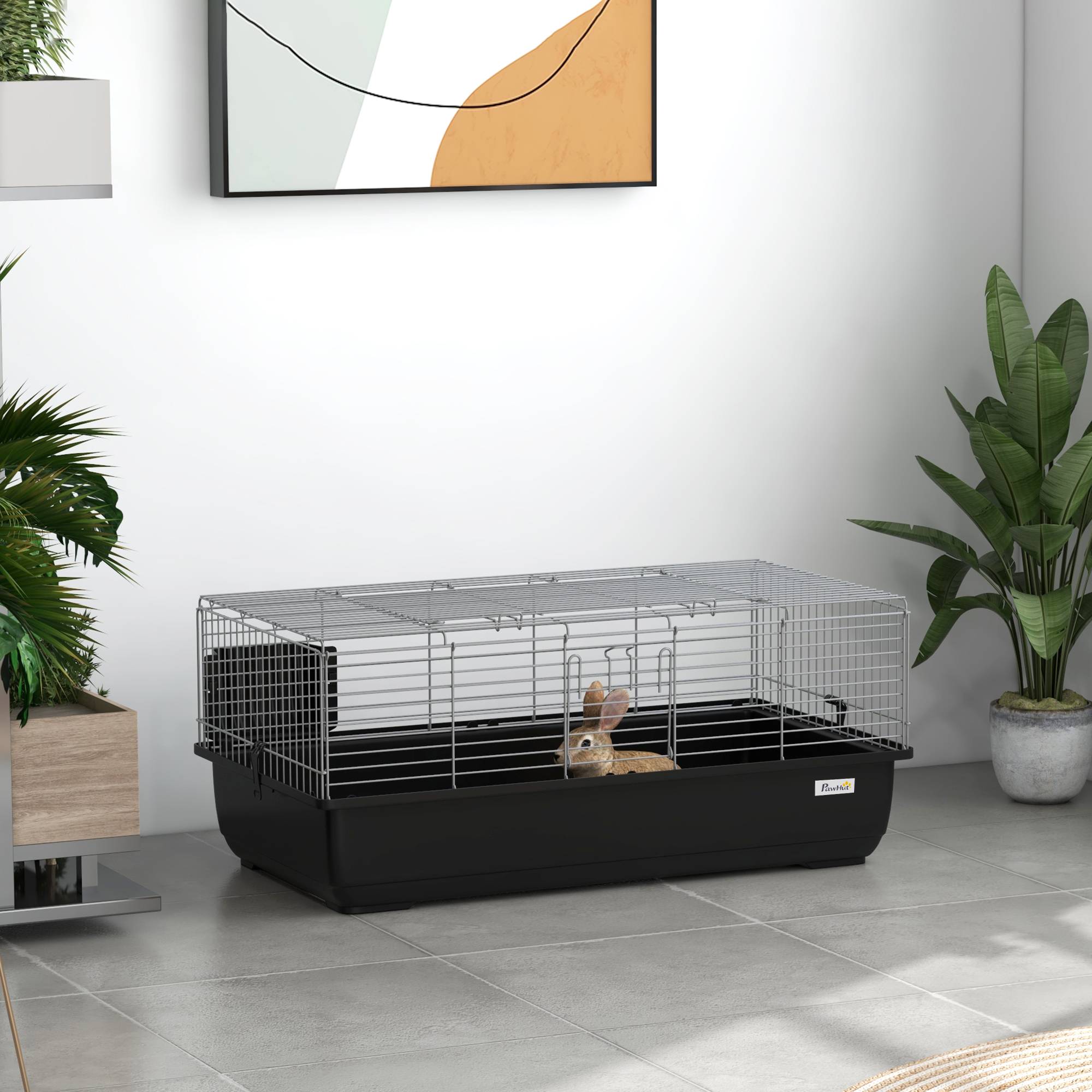 Cage lapin 2 portes, bac amovible, métal plastique PP, 100x55x41cm, noir argent - Image 4