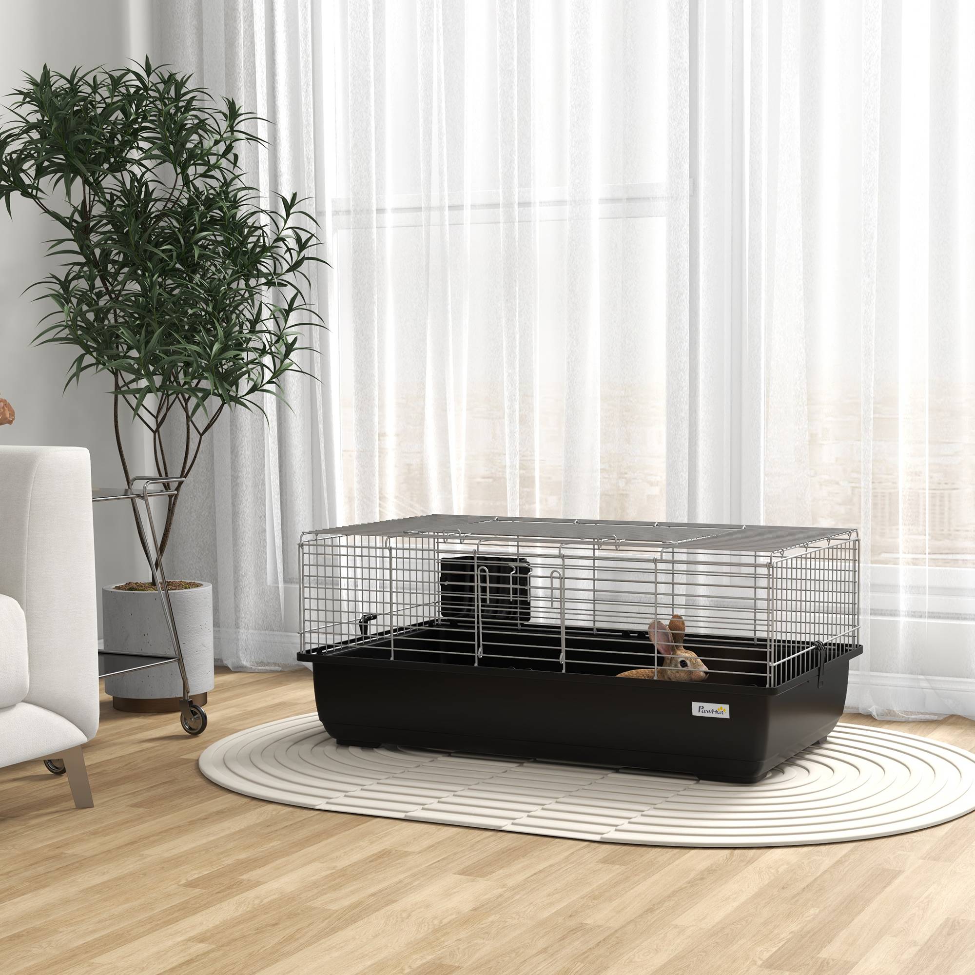 Cage lapin 2 portes, bac amovible, métal plastique PP, 100x55x41cm, noir argent - Image 3