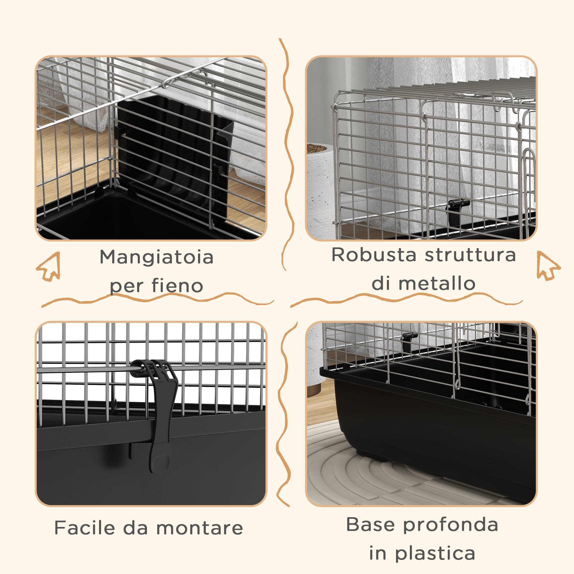 Cage lapin 2 portes, bac amovible, métal plastique PP, 100x55x41cm, noir argent - Image 7
