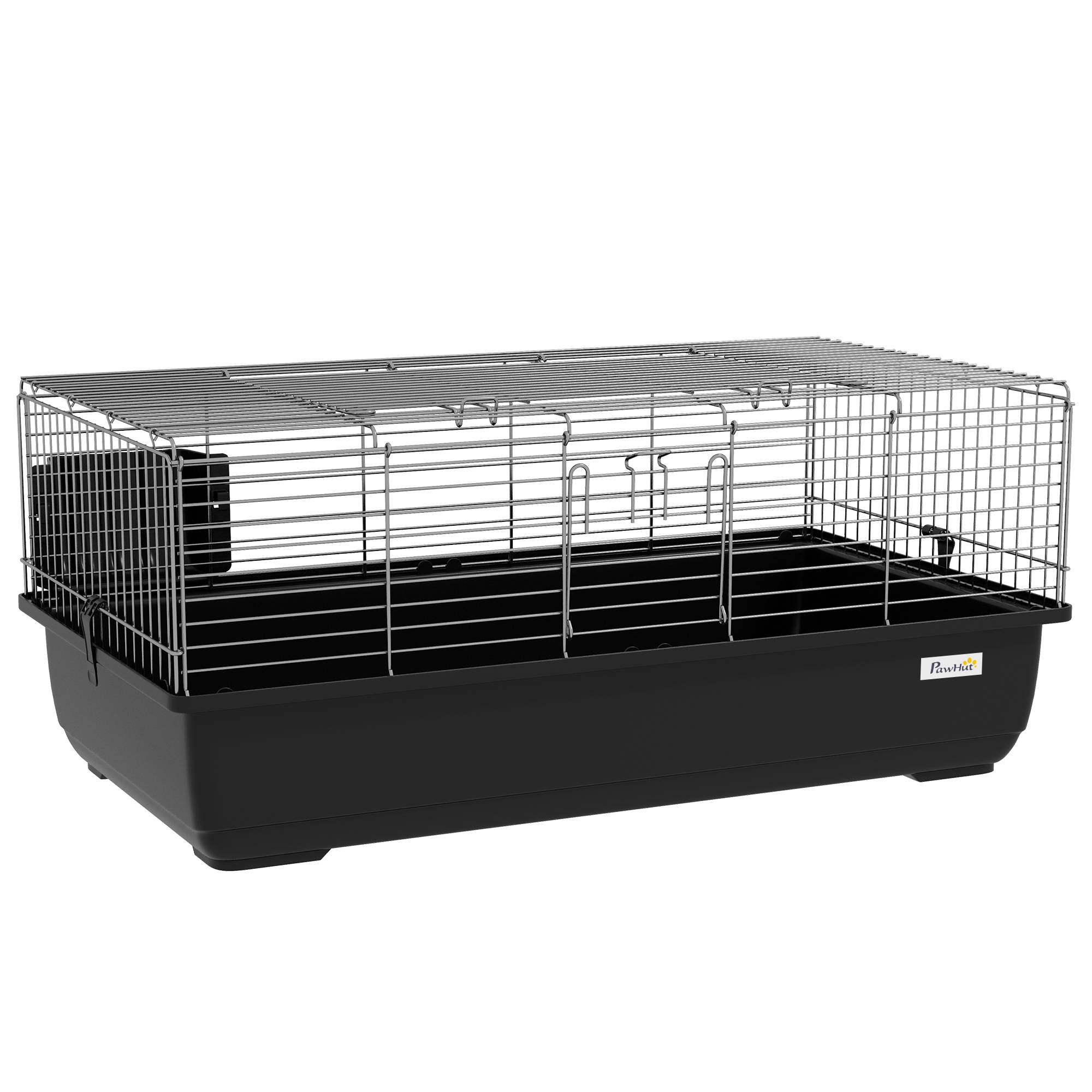 Cage lapin 2 portes, bac amovible, métal plastique PP, 100x55x41cm, noir argent - Image 1