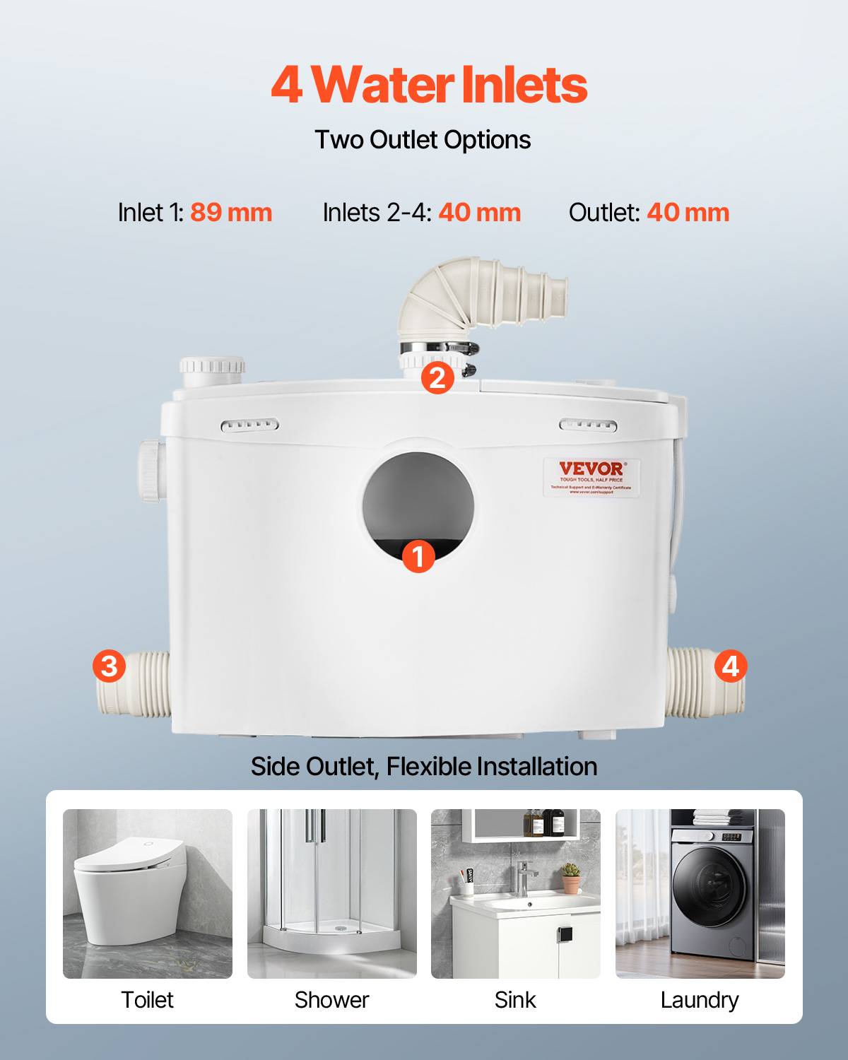 VEVOR Pompe macératrice 1200W, sanitaire 4 entrées eau, 180 L/min, ht. refoulement 10 m. - Image 6