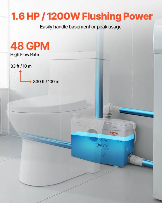 VEVOR Pompe macératrice 1200W, sanitaire 4 entrées eau, 180 L/min, ht. refoulement 10 m. - Image 4