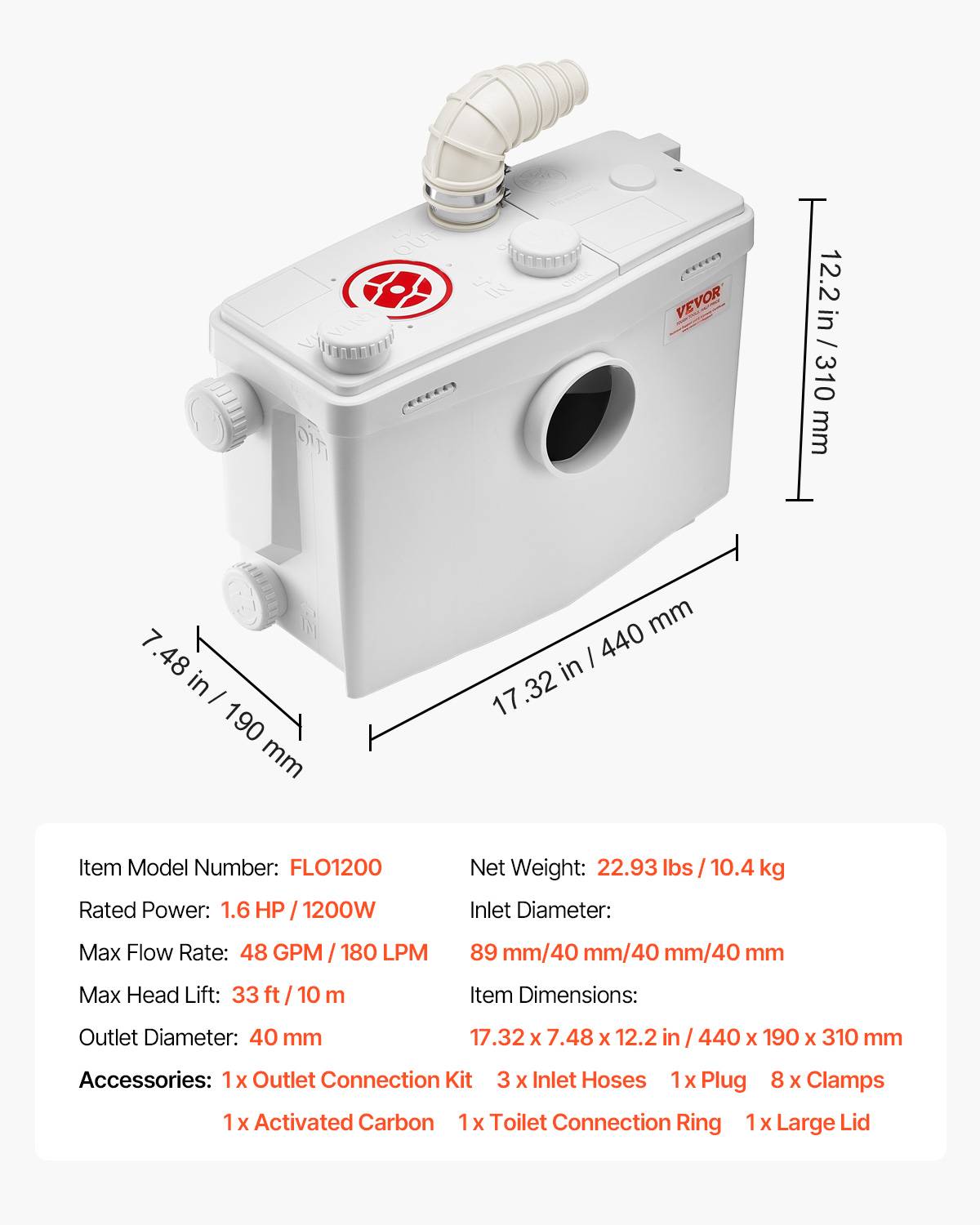 VEVOR Pompe macératrice 1200W, sanitaire 4 entrées eau, 180 L/min, ht. refoulement 10 m. - Image 7