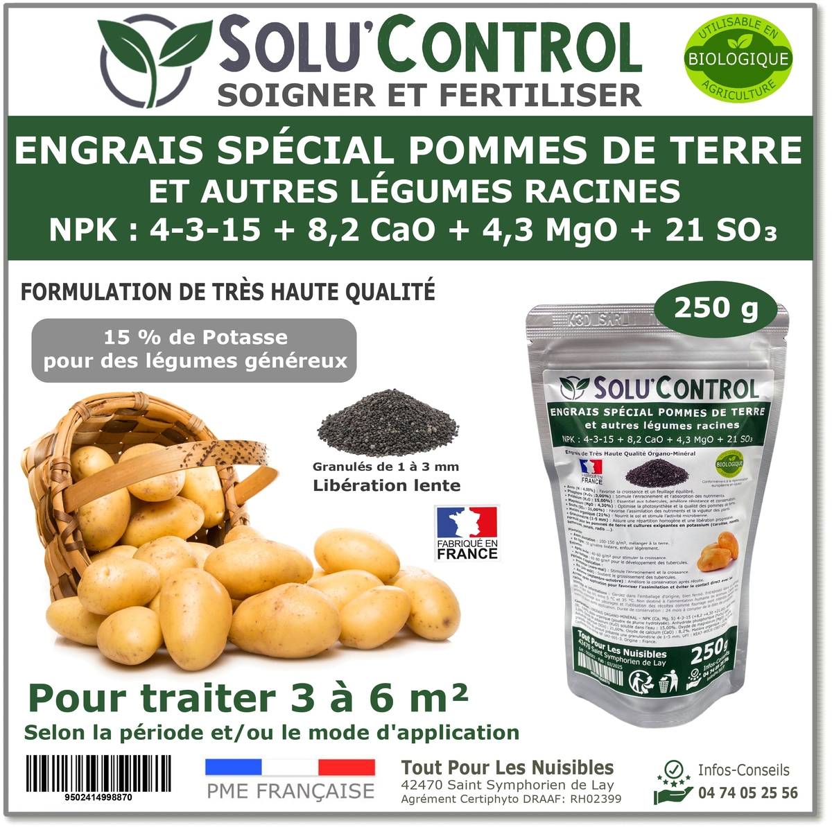 SOLU’CONTROL - 250 g d'engrais spécial pommes de terre et légumes racines 4-3-15 - enrichi en potasse - croissance, grossissement- UAB - Image 1