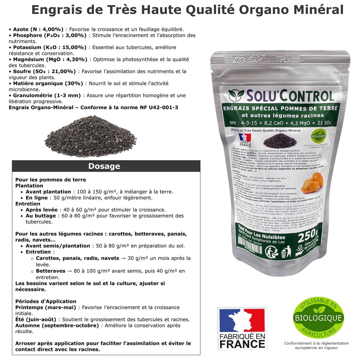 SOLU’CONTROL - 250 g d'engrais spécial pommes de terre et légumes racines 4-3-15 - enrichi en potasse - croissance, grossissement- UAB - Image 2