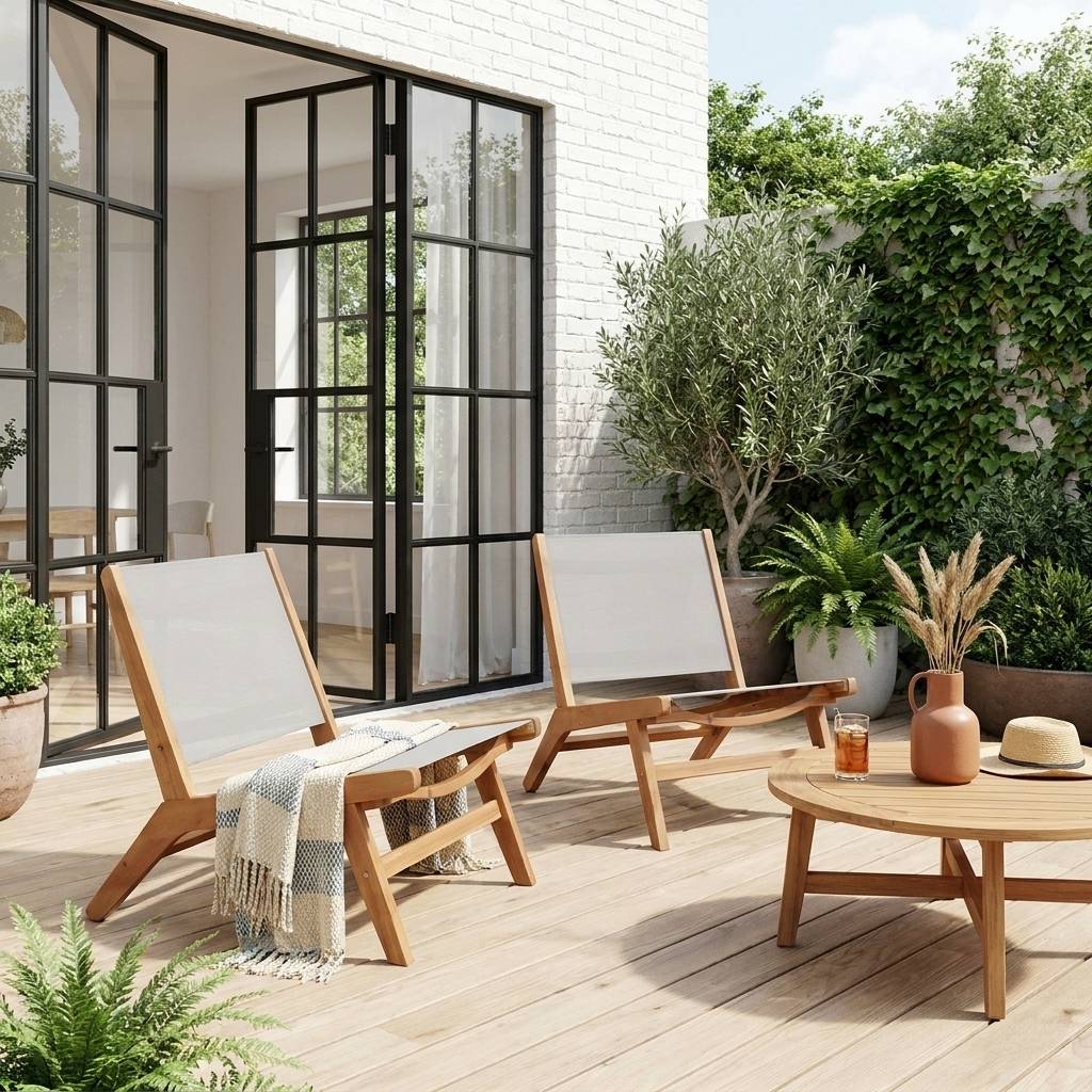 Lot de 2 fauteuils relax bois d'acacia et textilène gris - Madera | sweeek - Image 1