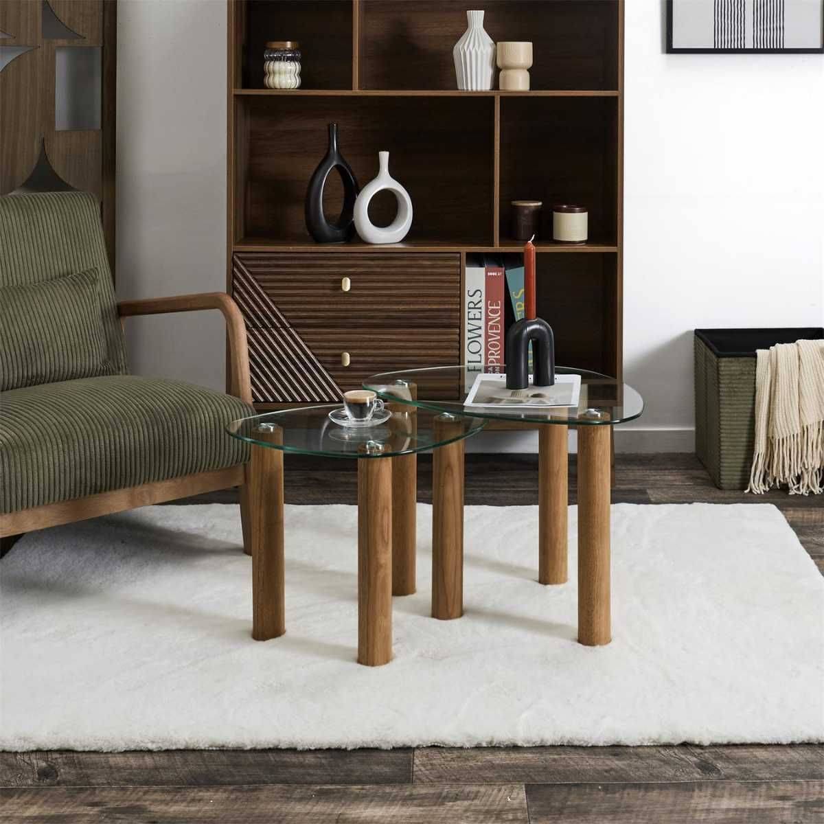 Lot de 2 Tables basses gigogne forme galet en verre trempé pieds en hévéa - INAYA - Image 2