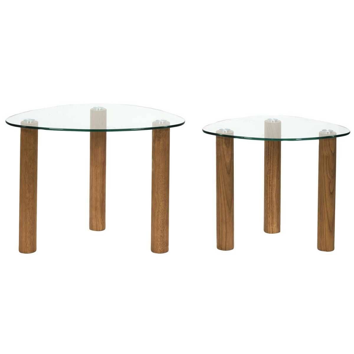 Lot de 2 Tables basses gigogne forme galet en verre trempé pieds en hévéa - INAYA - Image 5