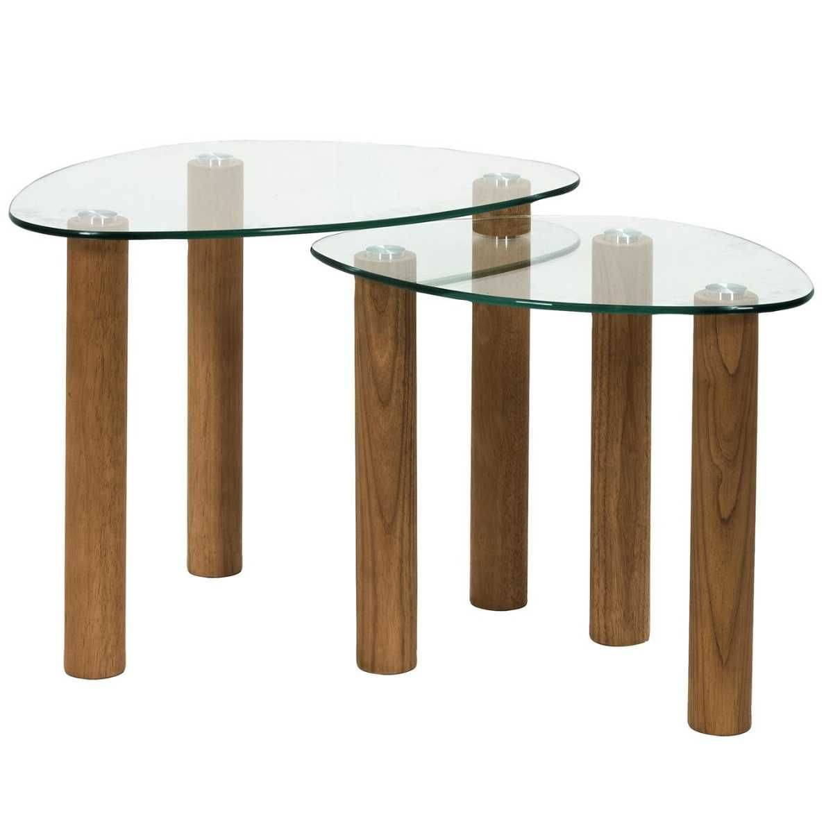 Lot de 2 Tables basses gigogne forme galet en verre trempé pieds en hévéa - INAYA - Image 1