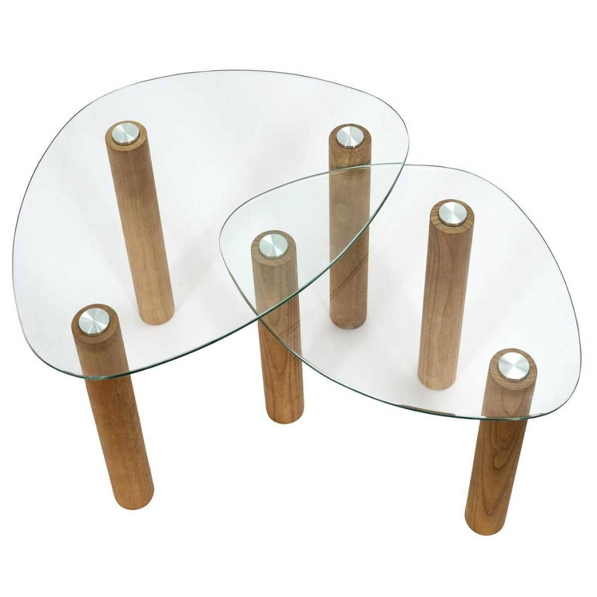 Lot de 2 Tables basses gigogne forme galet en verre trempé pieds en hévéa - INAYA - Image 3