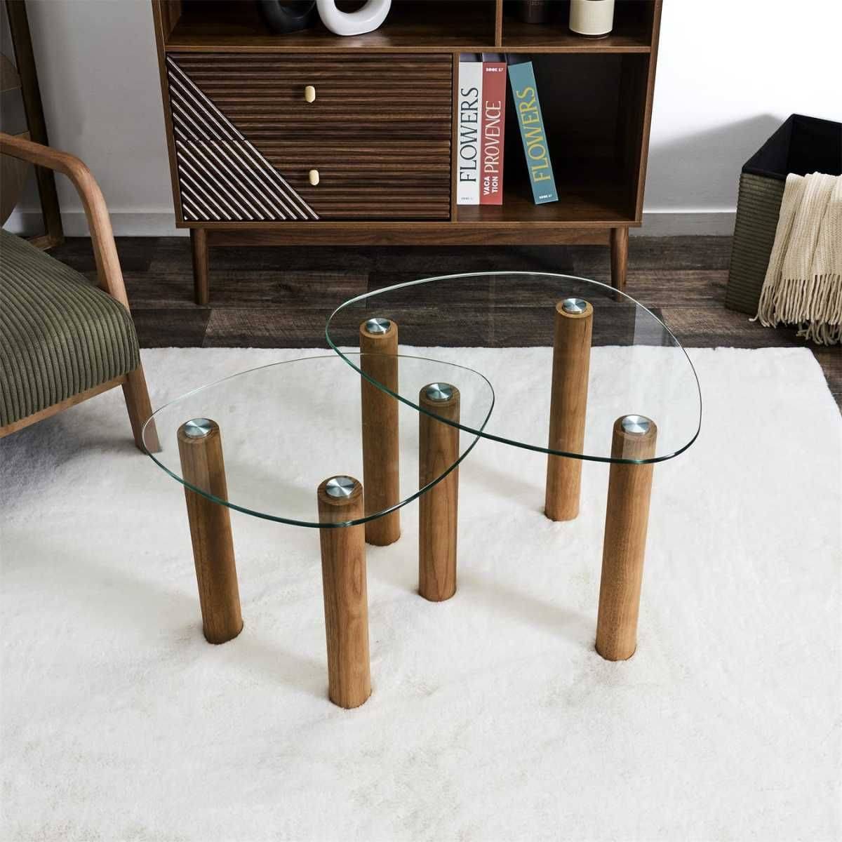 Lot de 2 Tables basses gigogne forme galet en verre trempé pieds en hévéa - INAYA - Image 4