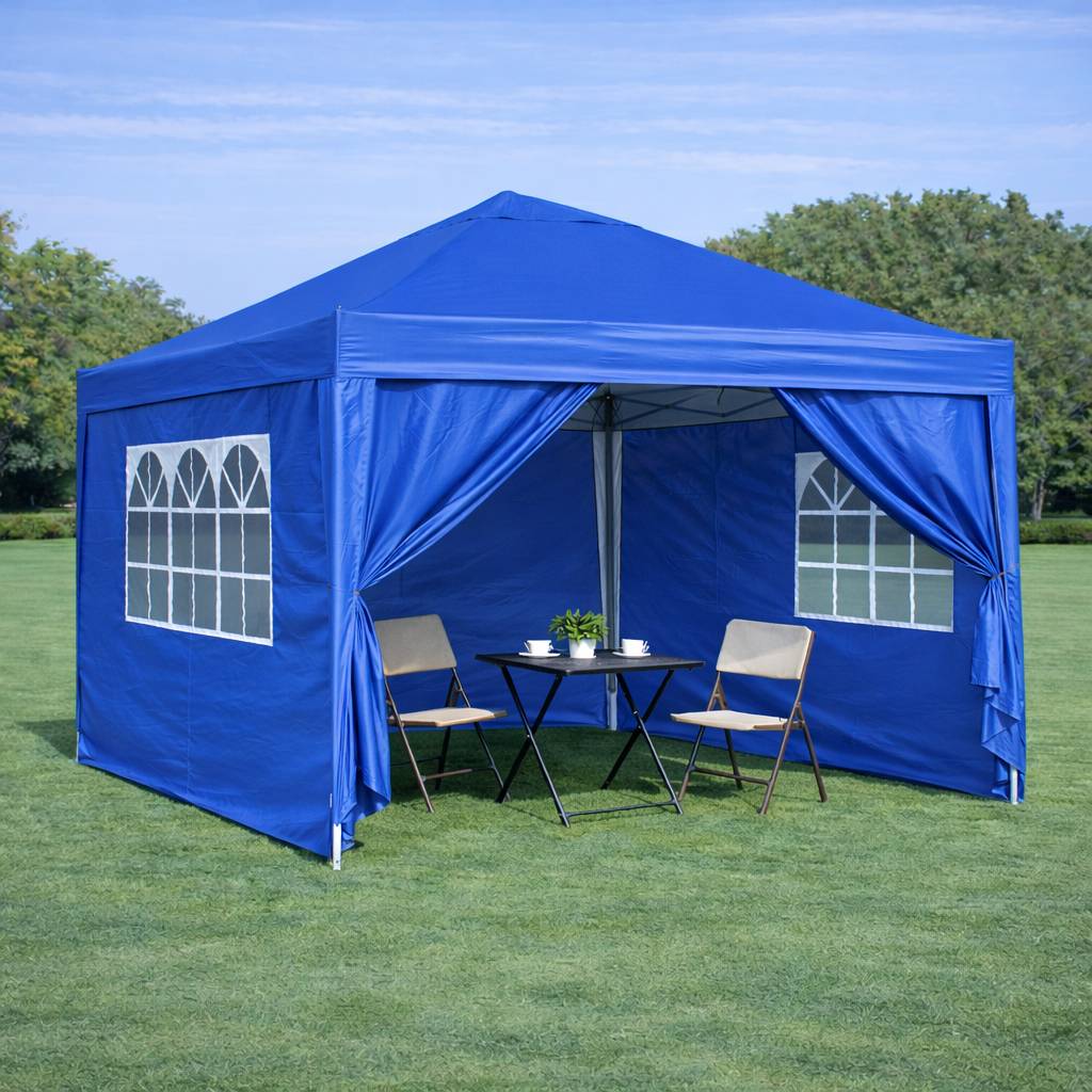 Tonnelle pliante de jardin en acier imperméable anti-UV avec 4 murs 3x3m bleu - ComfortXL Outdoor Living - Image 1