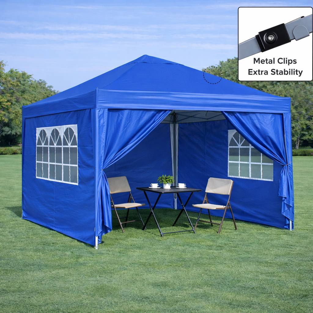 Tonnelle pliante de jardin en acier imperméable anti-UV avec 4 murs 3x3m bleu - ComfortXL Outdoor Living - Image 6