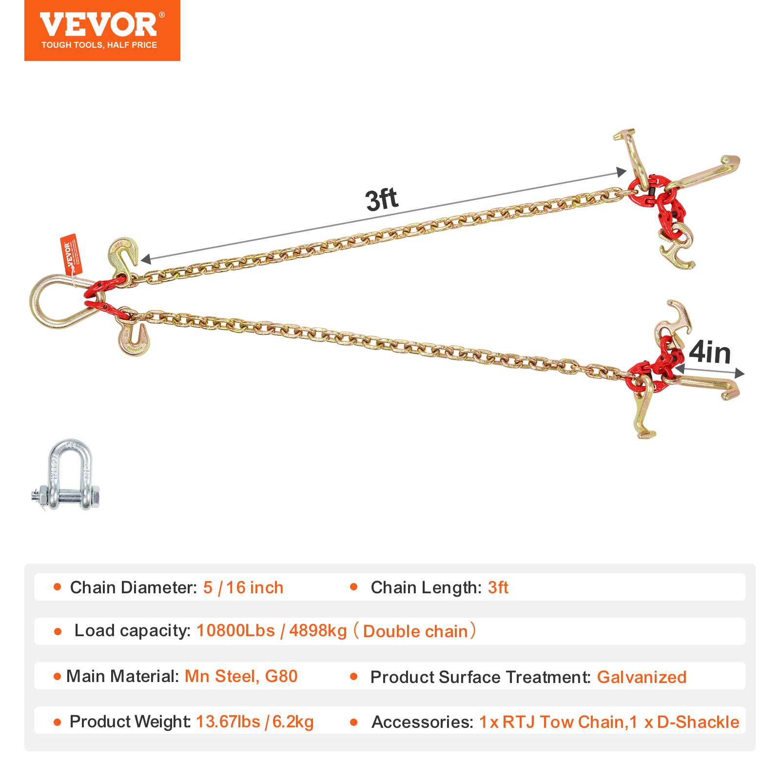 Vevor - Chaîne de remorquage VEVOR G80 8 mm x 90 cm, capacité 4 898 kg, crochets R/T/J et manille inclus. - Image 6