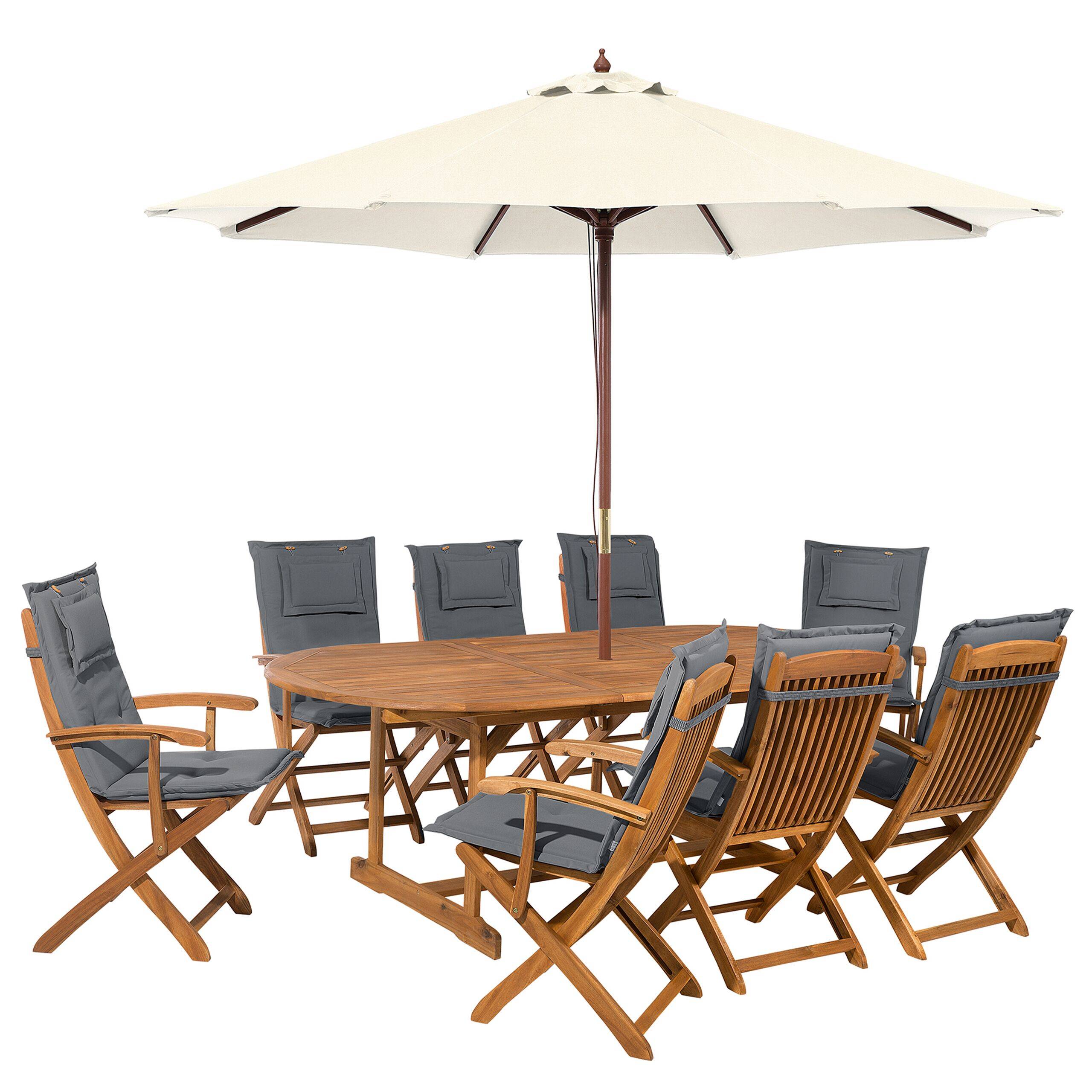 Beliani - Salon de Jardin Table Extensible Ovale et de 8 Chaises Pliables avec Coussins d'Assise Gris et Parasol en Toile Beige Beliani - Image 1