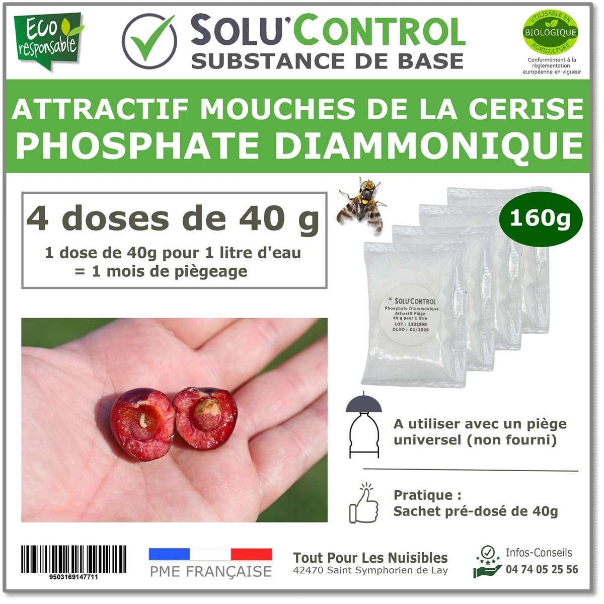 SOLU'CONTROL - Phosphate Diammonique, appât naturel contre les mouches de la cerise - Sachets de 160g