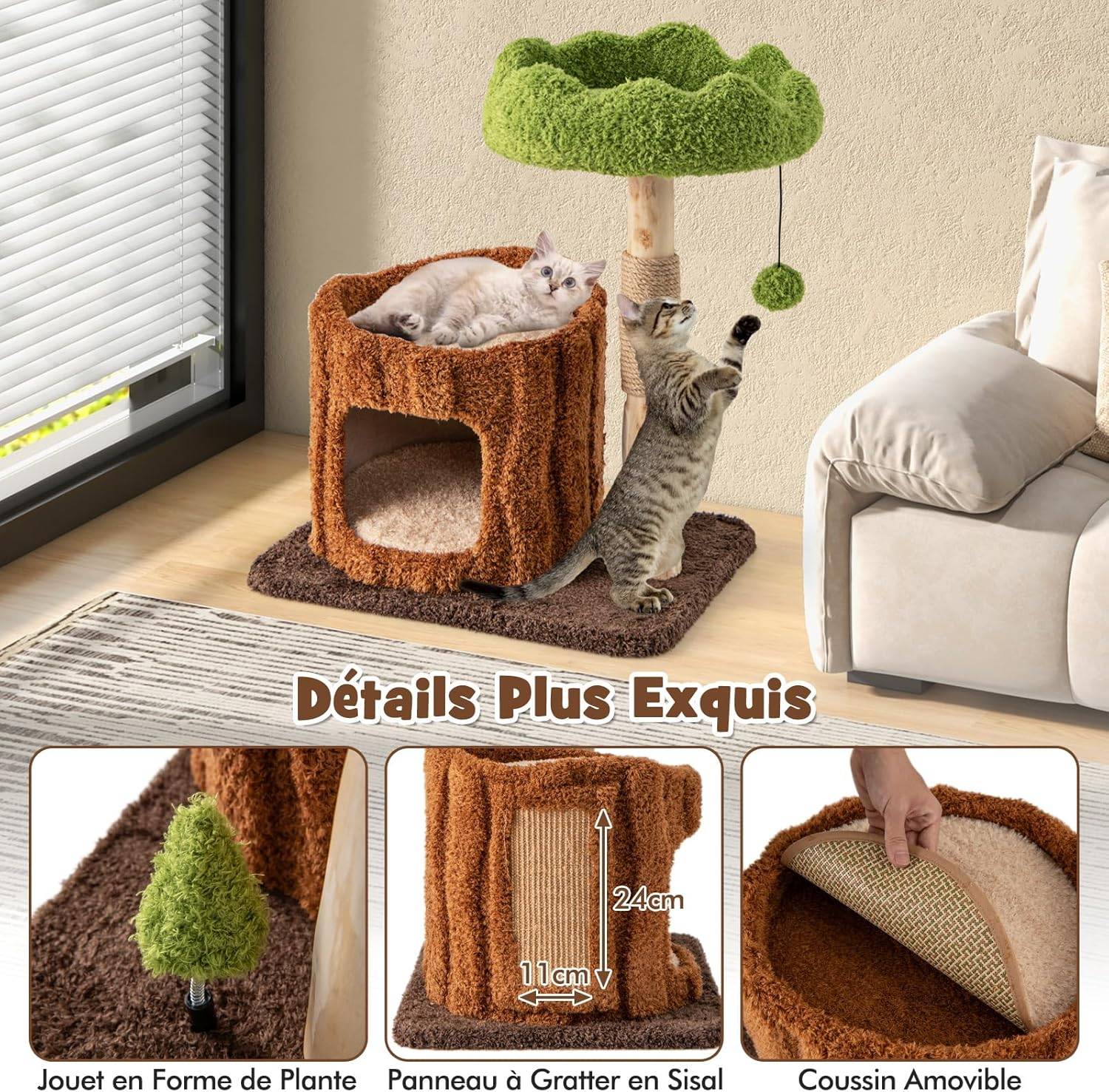 COSTWAY Arbre a Chat Design 73 cm, en Bois, 2 Plateformes, Poteaux à Griffer en Jute, Petit Arbre a Chat, Planche à Griffer en Sisal - Image 7