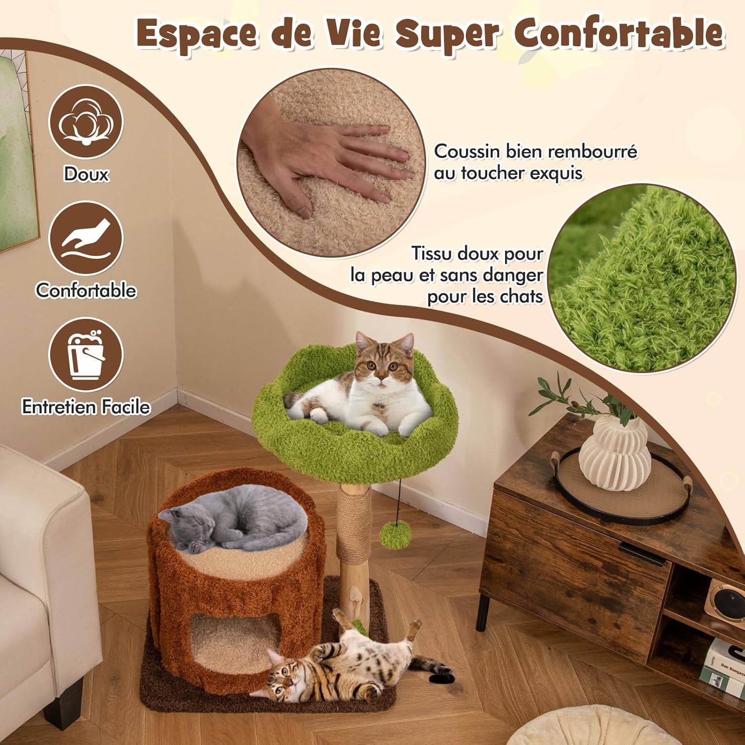 COSTWAY Arbre a Chat Design 73 cm, en Bois, 2 Plateformes, Poteaux à Griffer en Jute, Petit Arbre a Chat, Planche à Griffer en Sisal - Image 6