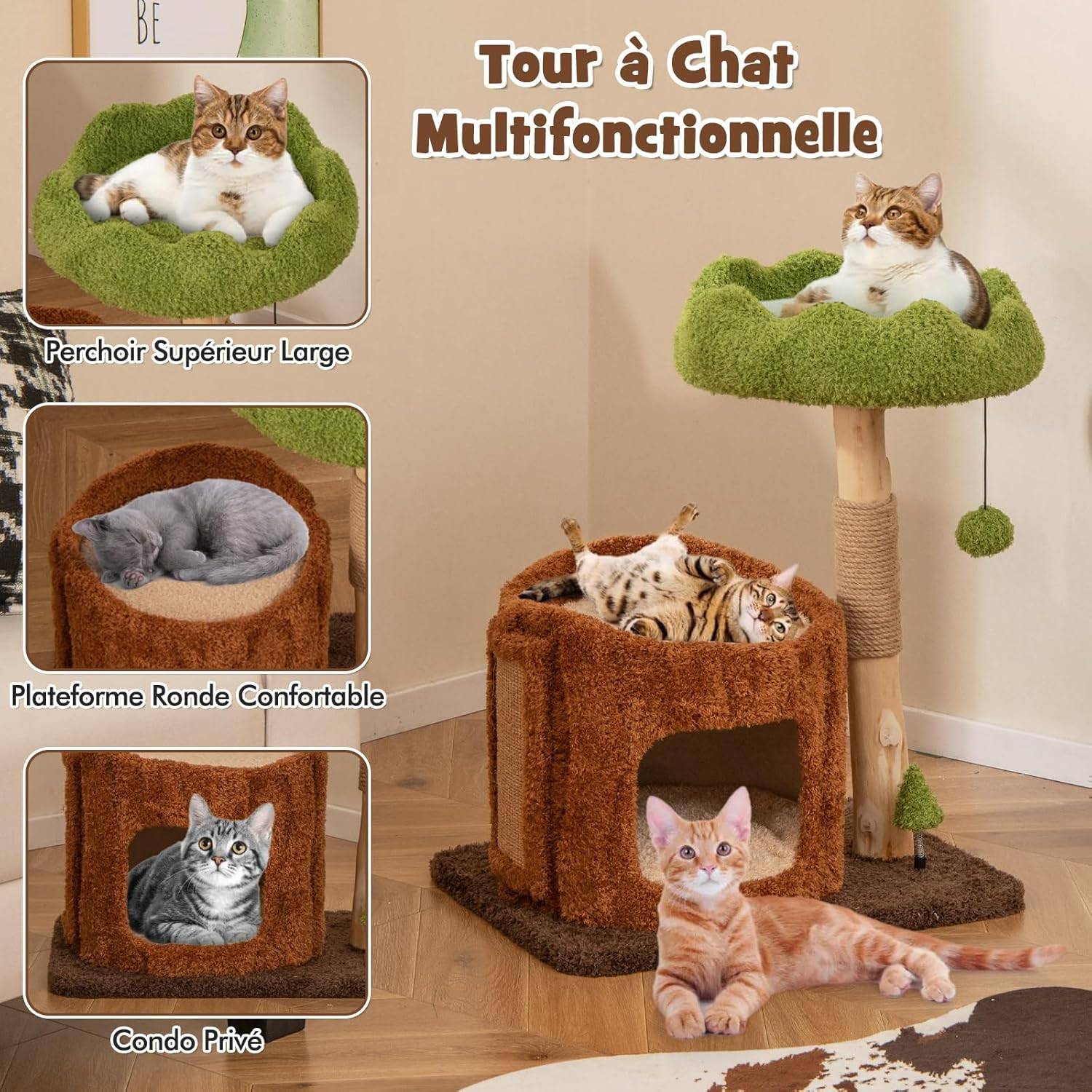COSTWAY Arbre a Chat Design 73 cm, en Bois, 2 Plateformes, Poteaux à Griffer en Jute, Petit Arbre a Chat, Planche à Griffer en Sisal - Image 4