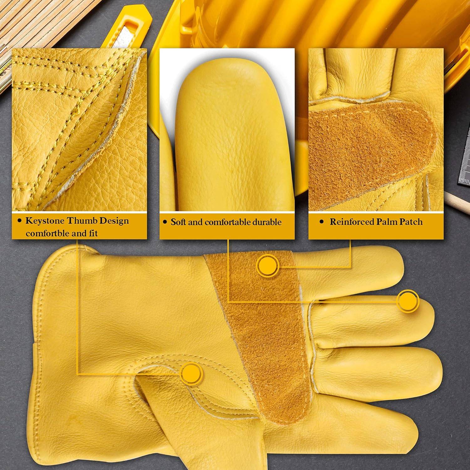 1 Paire Gants de Jardinage pour Hommes/Femmes(Jaune-M), Gants de Travail en Cuir de Vachette, Gants de Travail pour Jardin Anti-épines et Anti-Coupure - Image 2