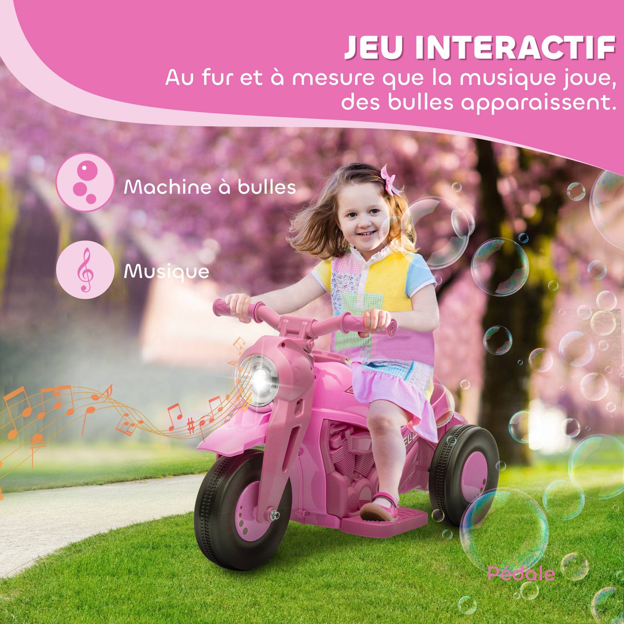 Moto électrique enfants 2-5 ans, 3 roues, 6 V, 3 km/h, avec fonction de bulles, effets lumineux et sonores, rose - Image 6