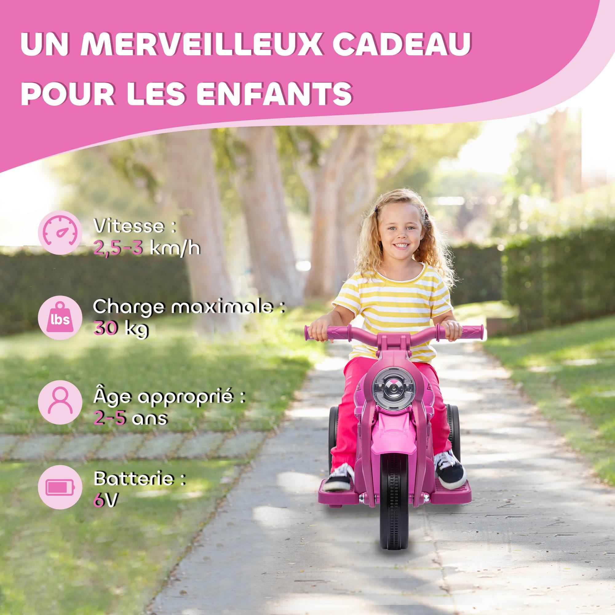Moto électrique enfants 2-5 ans, 3 roues, 6 V, 3 km/h, avec fonction de bulles, effets lumineux et sonores, rose - Image 9