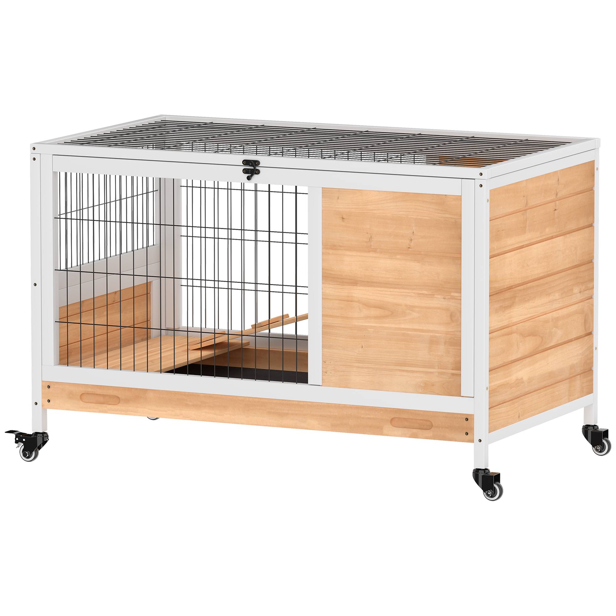 Clapier lapin en bois avec 4 roulettes, niche et rampe, 90x53x59cm, jaune - Image 2