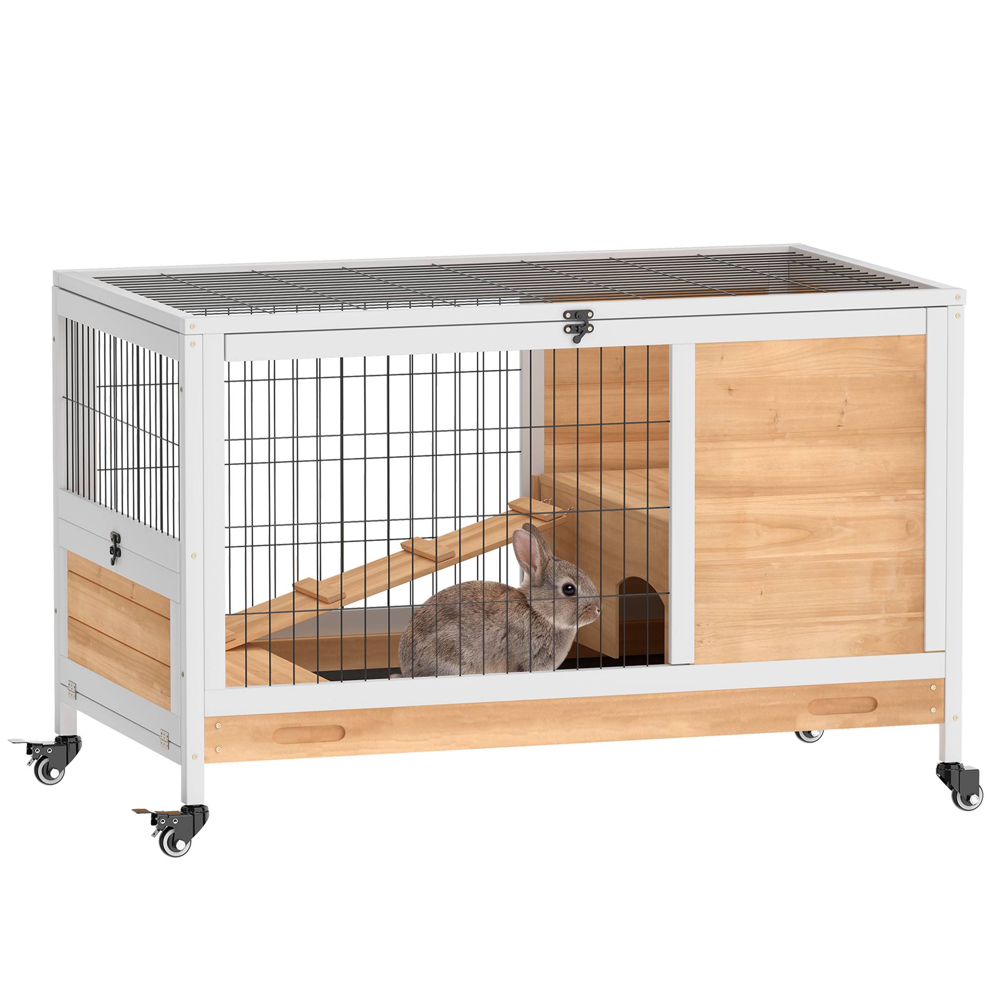Clapier lapin en bois avec 4 roulettes, niche et rampe, 90x53x59cm, jaune - Image 1