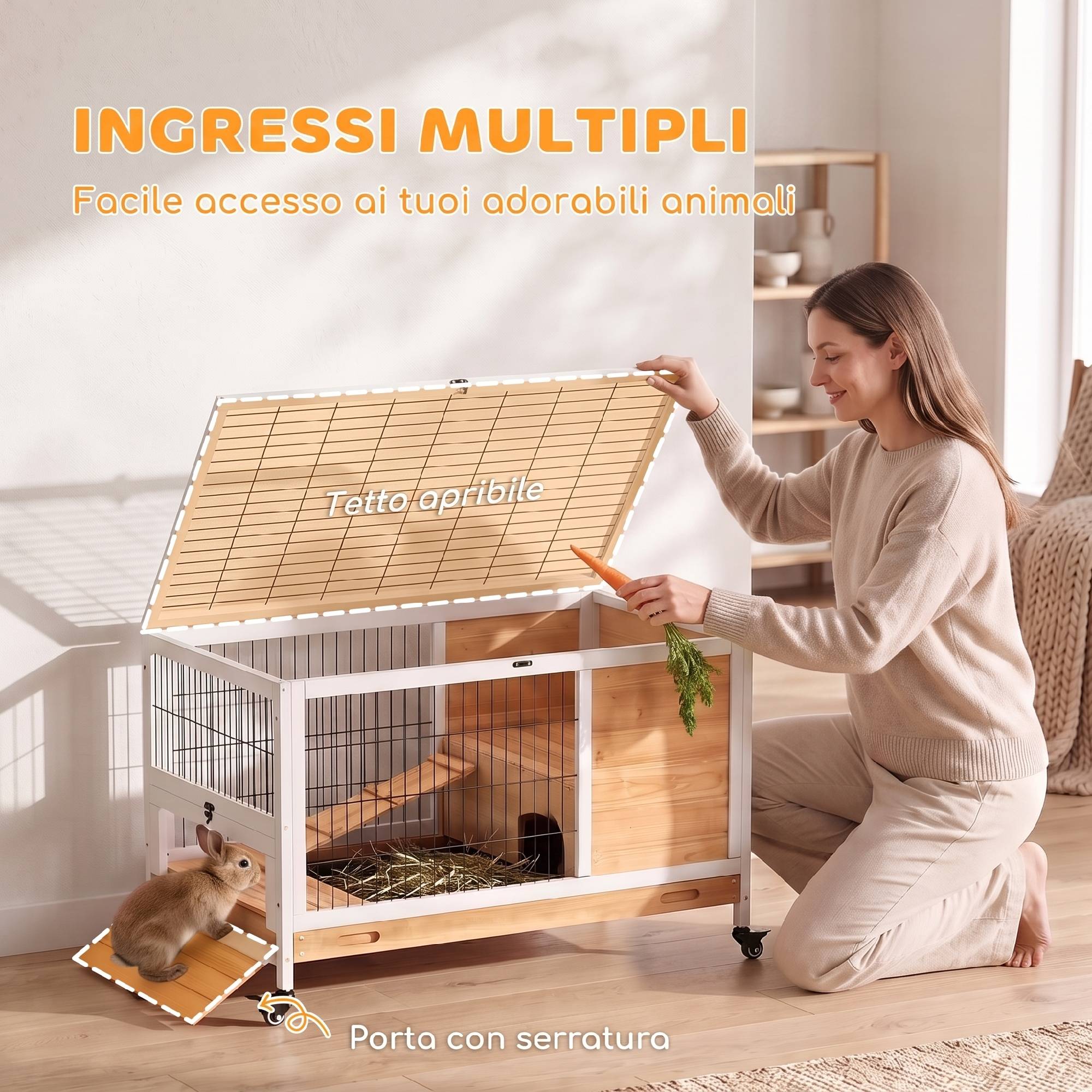 Clapier lapin en bois avec 4 roulettes, niche et rampe, 90x53x59cm, jaune - Image 7