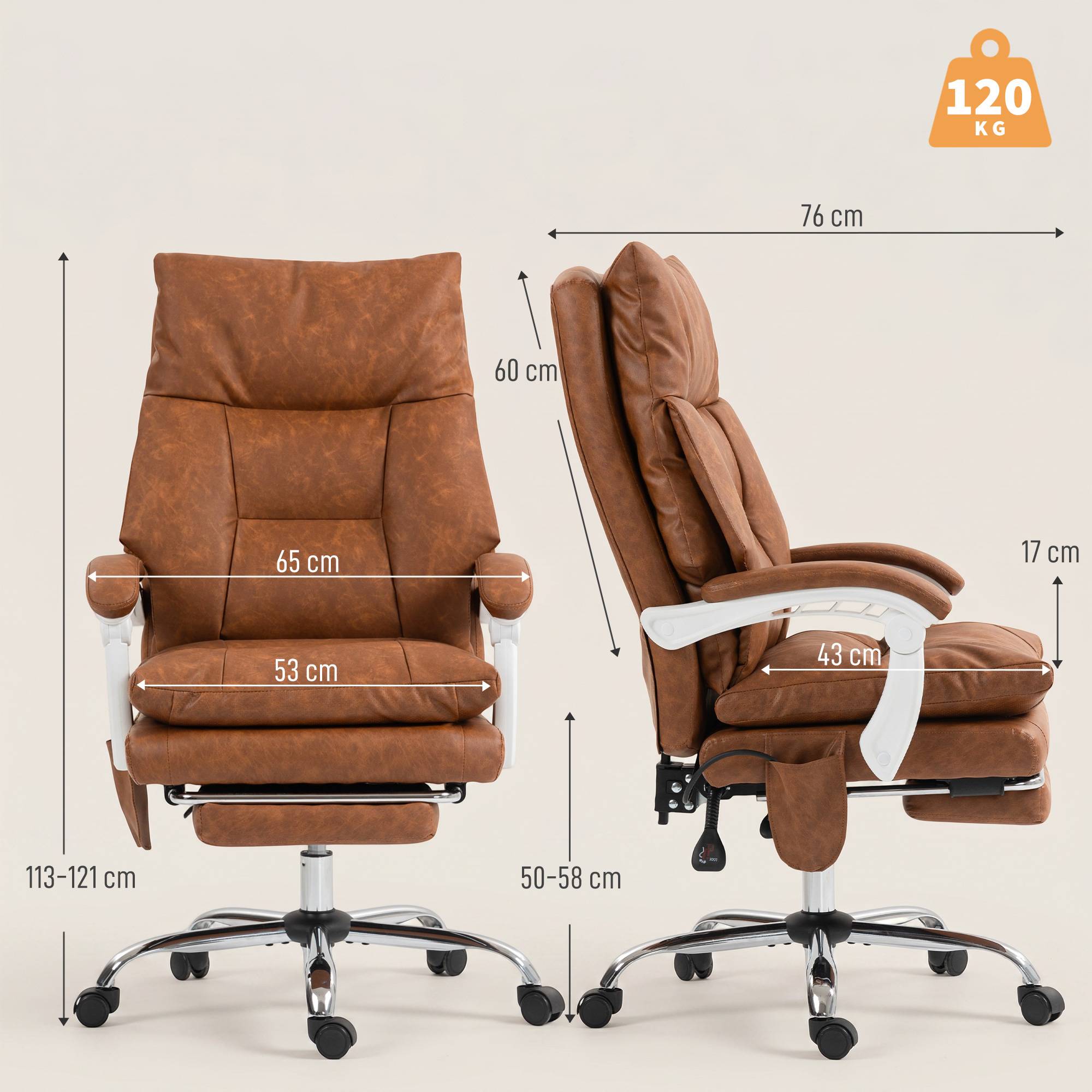 Sans Marque - Chaise bureau ergonomique fauteuil de bureau en PU soutien lombaire gonflable dossier inclinable hauteur réglable marron - Image 5