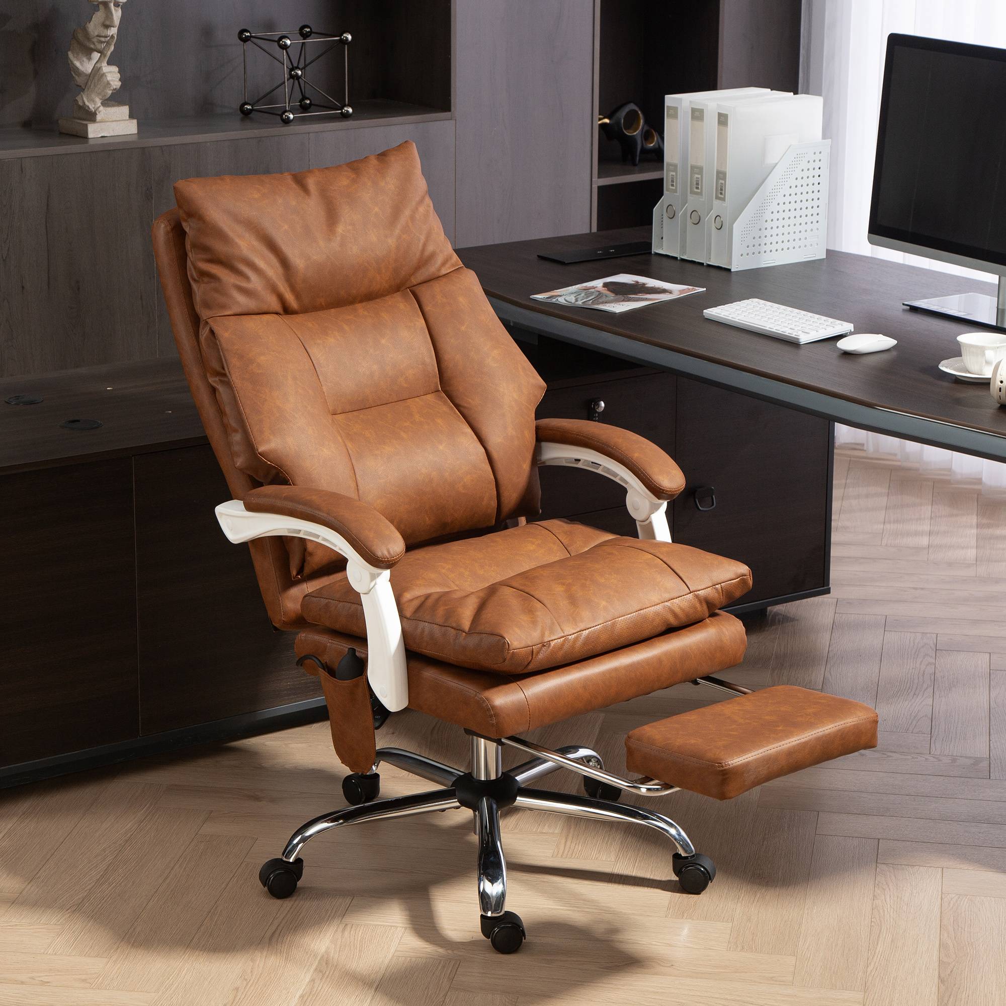 Sans Marque - Chaise bureau ergonomique fauteuil de bureau en PU soutien lombaire gonflable dossier inclinable hauteur réglable marron - Image 4
