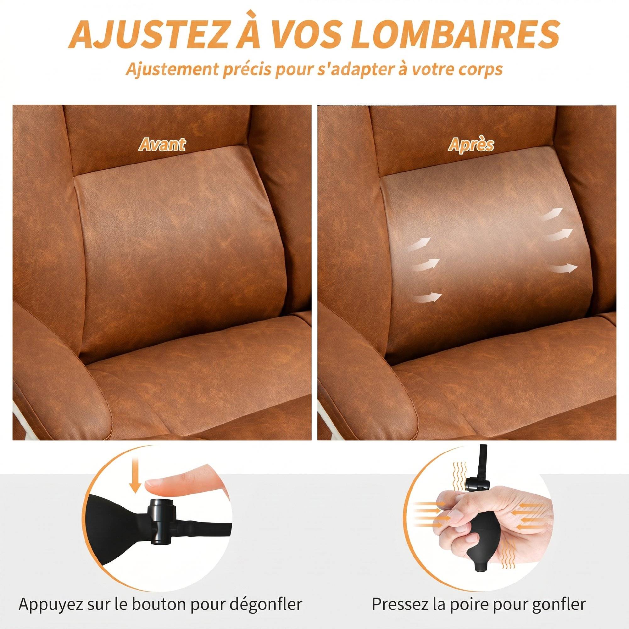 Sans Marque - Chaise bureau ergonomique fauteuil de bureau en PU soutien lombaire gonflable dossier inclinable hauteur réglable marron - Image 6