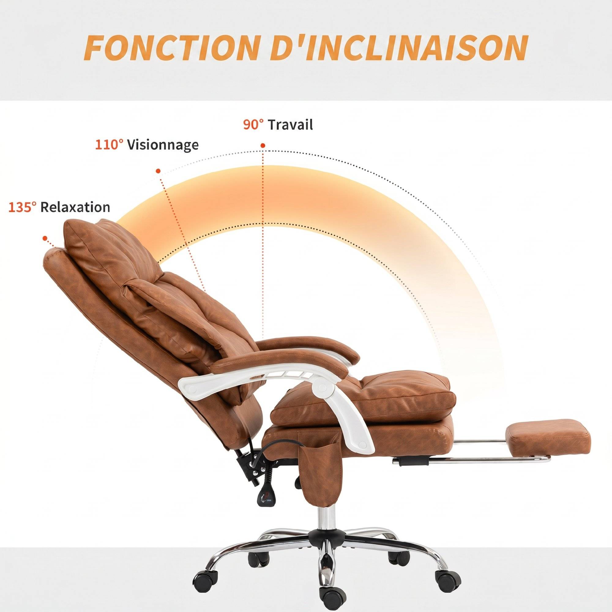 Sans Marque - Chaise bureau ergonomique fauteuil de bureau en PU soutien lombaire gonflable dossier inclinable hauteur réglable marron - Image 9