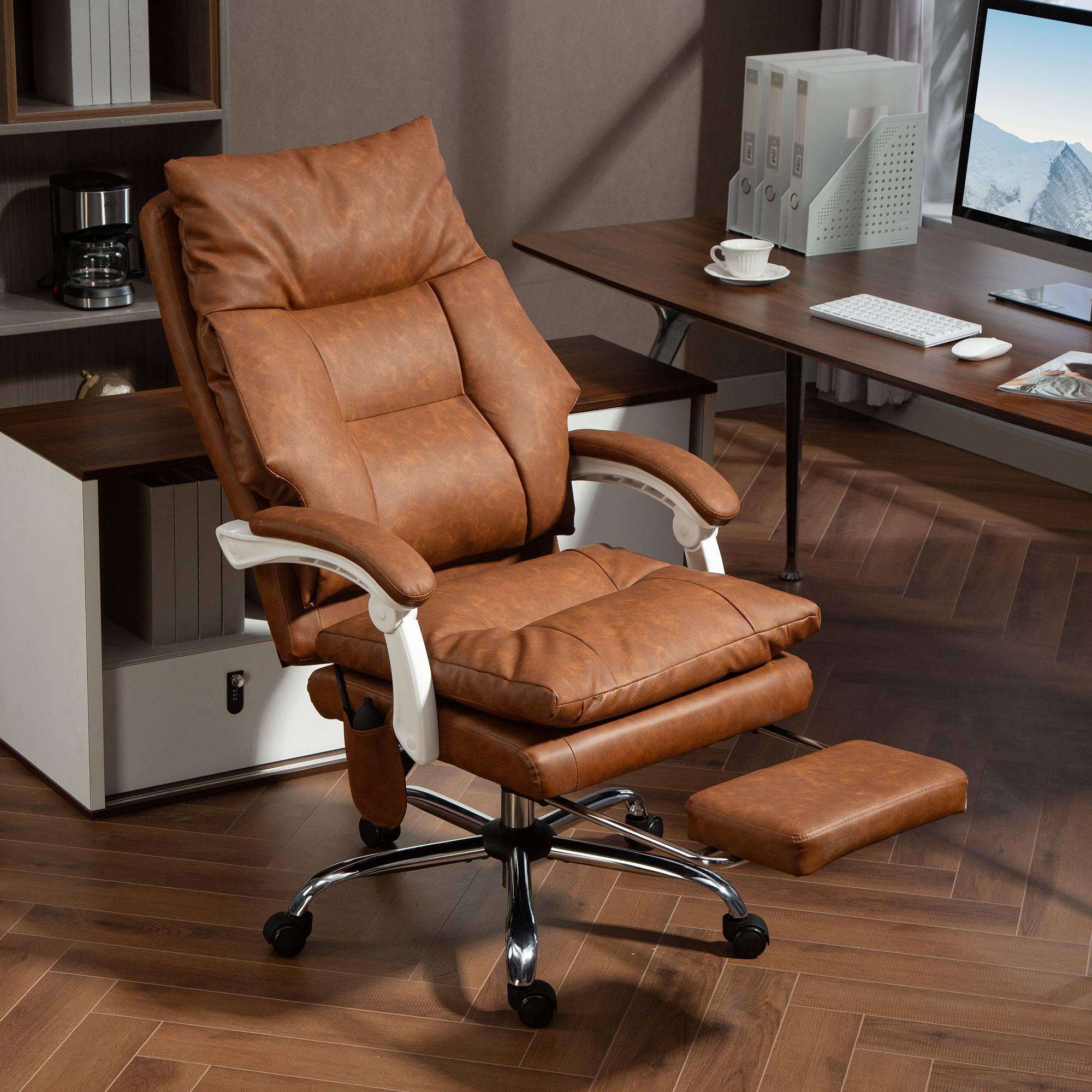 Sans Marque - Chaise bureau ergonomique fauteuil de bureau en PU soutien lombaire gonflable dossier inclinable hauteur réglable marron - Image 3