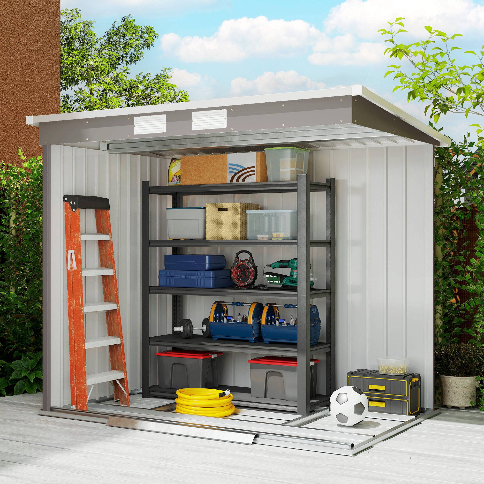 Abri de jardin acier galvanisé fenêtres aération portes coulissantes 213x130x172 cm gris clair cabanon jardin extérieur - Image 10