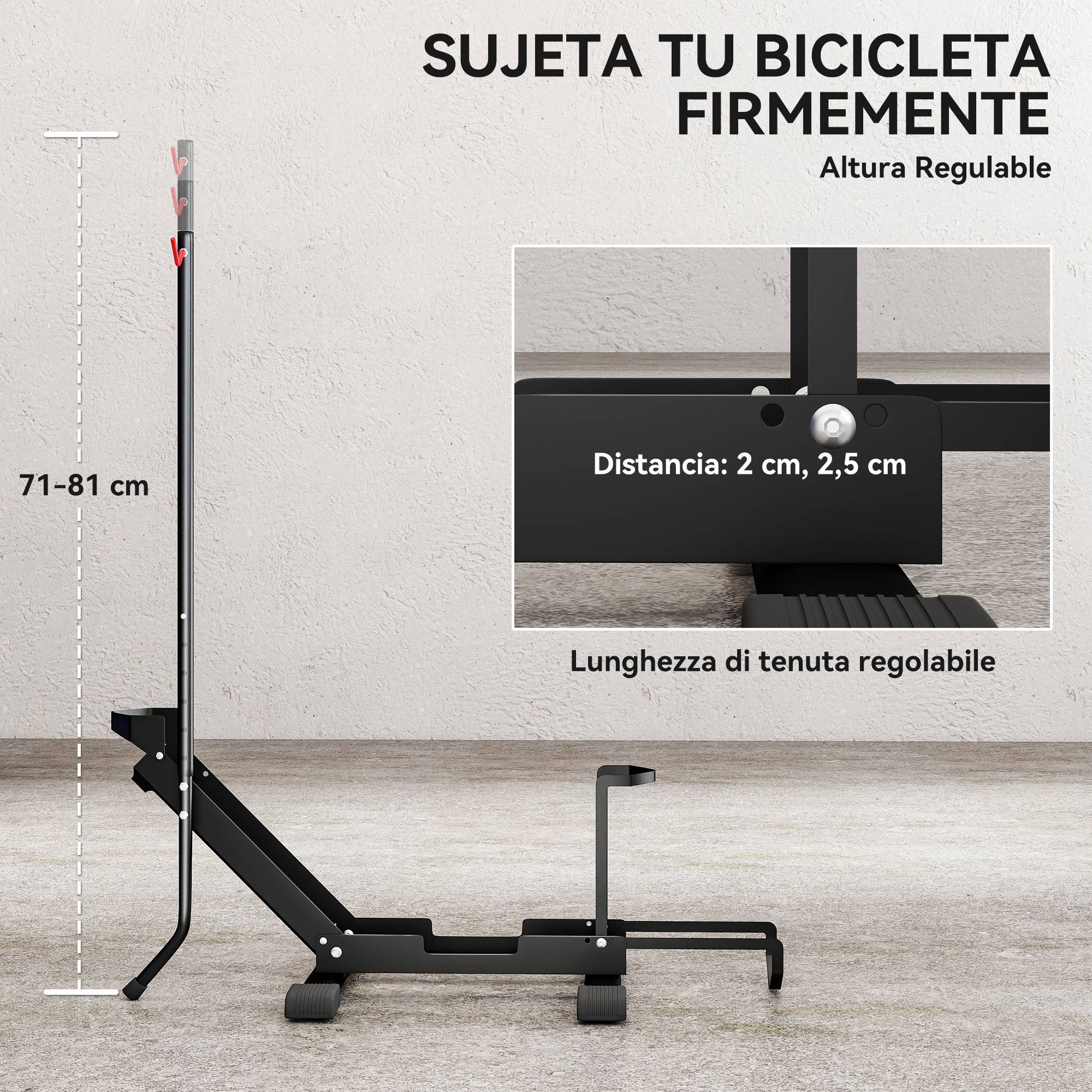Support à vélo en acier, porte-vélos de sol pliable et portable pour la maison, le garage ou l'atelier, 75 x 41 x 71-81 cm, noir - Image 8