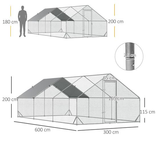 Poulailler de jardin cadre galvanisé, bâche étanche et grillage hexagonal, 3x6x2m, argenté - Image 5