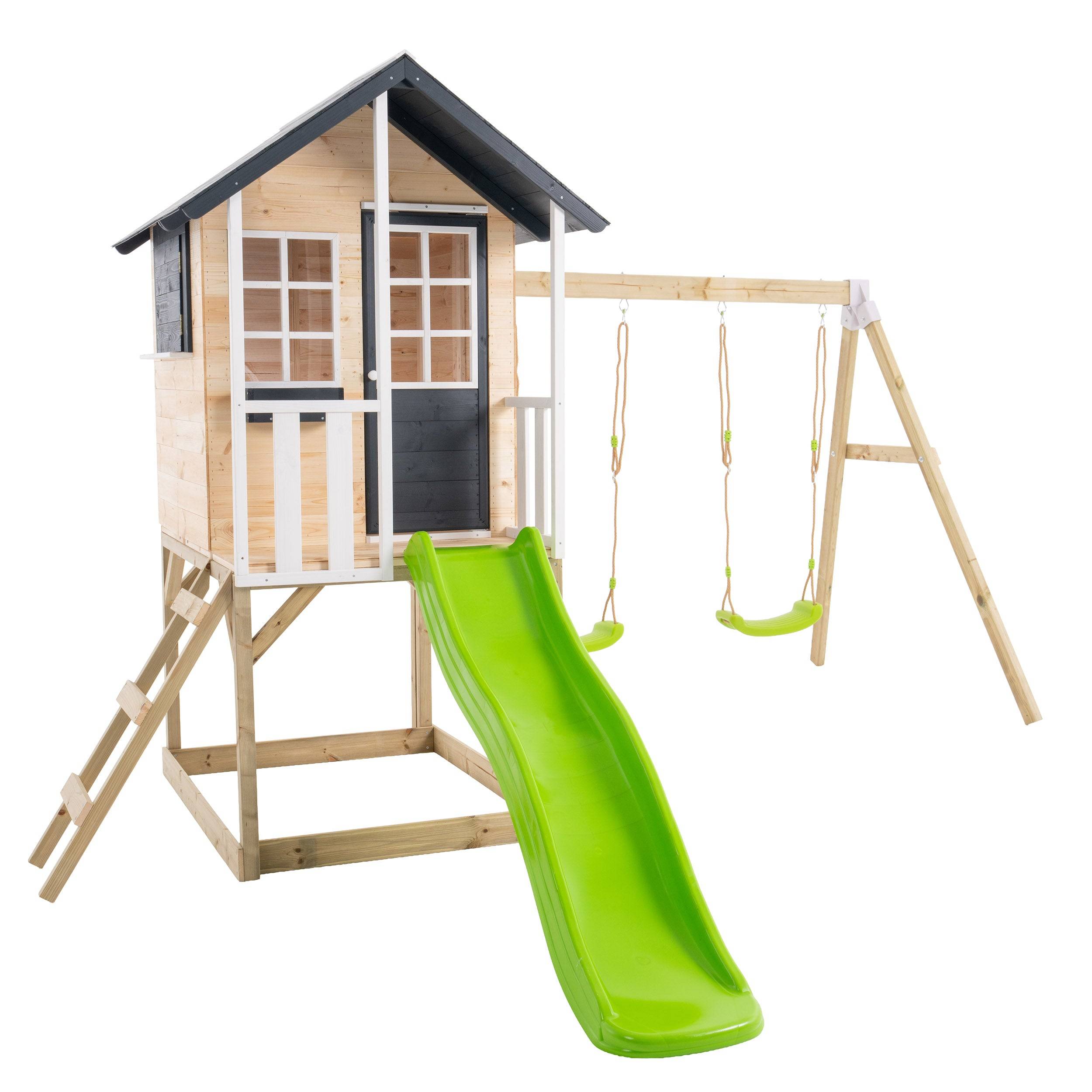 Maisonnette modulable sur pilotis avec balcon, glissière et deux balançoires JACINTHES en bois FSC® - Image 2