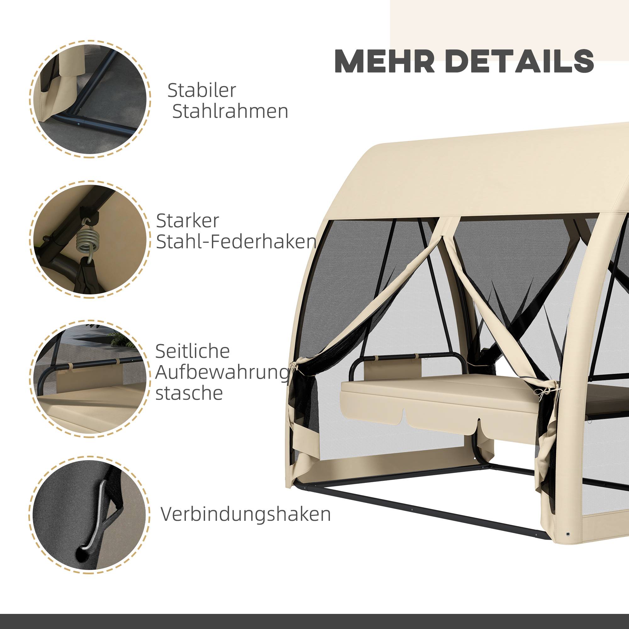 Balancelle de jardin 3 places Métal pour patio Fonction lit et moustiquaire 240x140x197 Café - ComfortXL Outdoor Living - Image 9