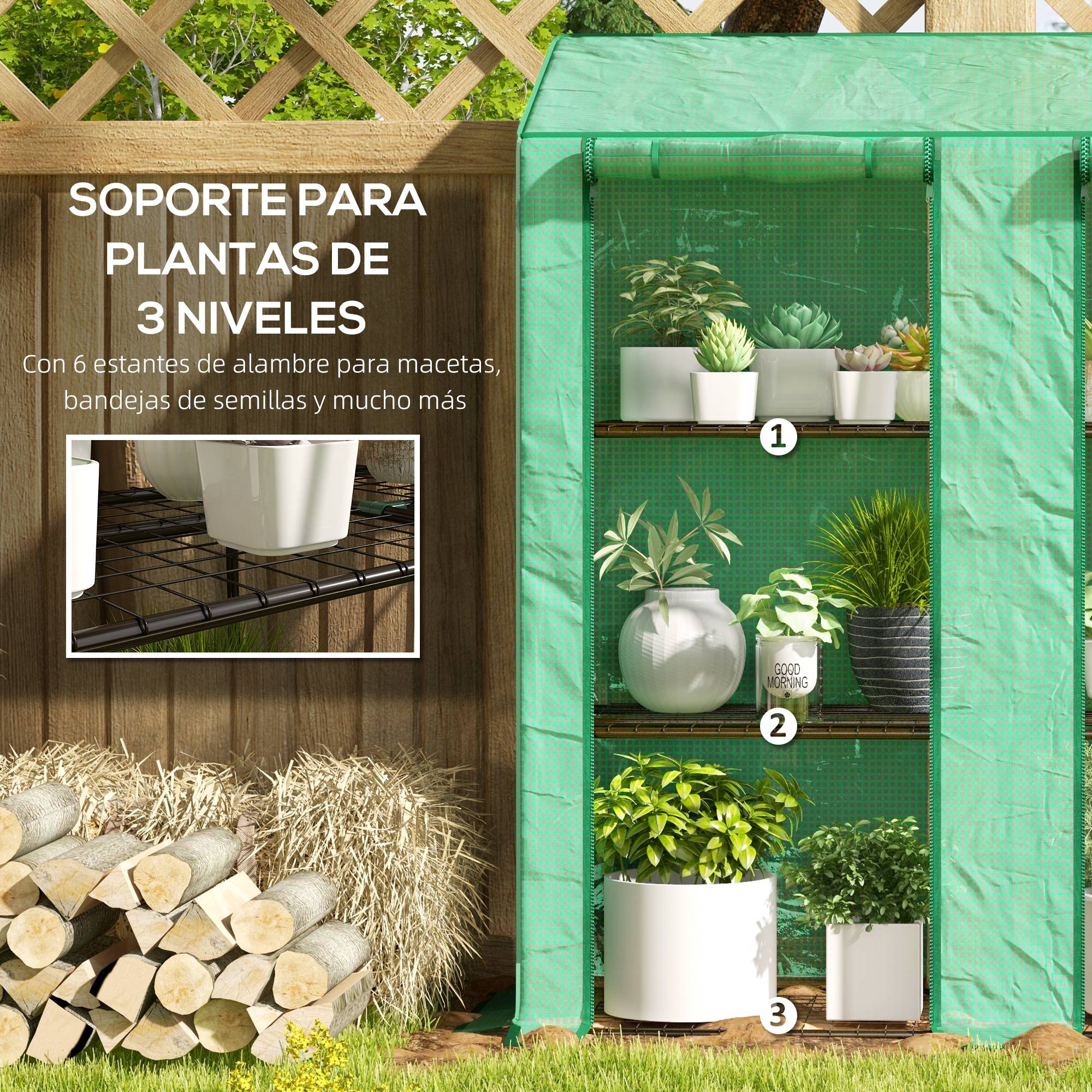 Serre de jardin à 3 niveaux avec étagères, toit incliné et portes zippées, 143 x 46 x 141/151 cm, verte - Image 7