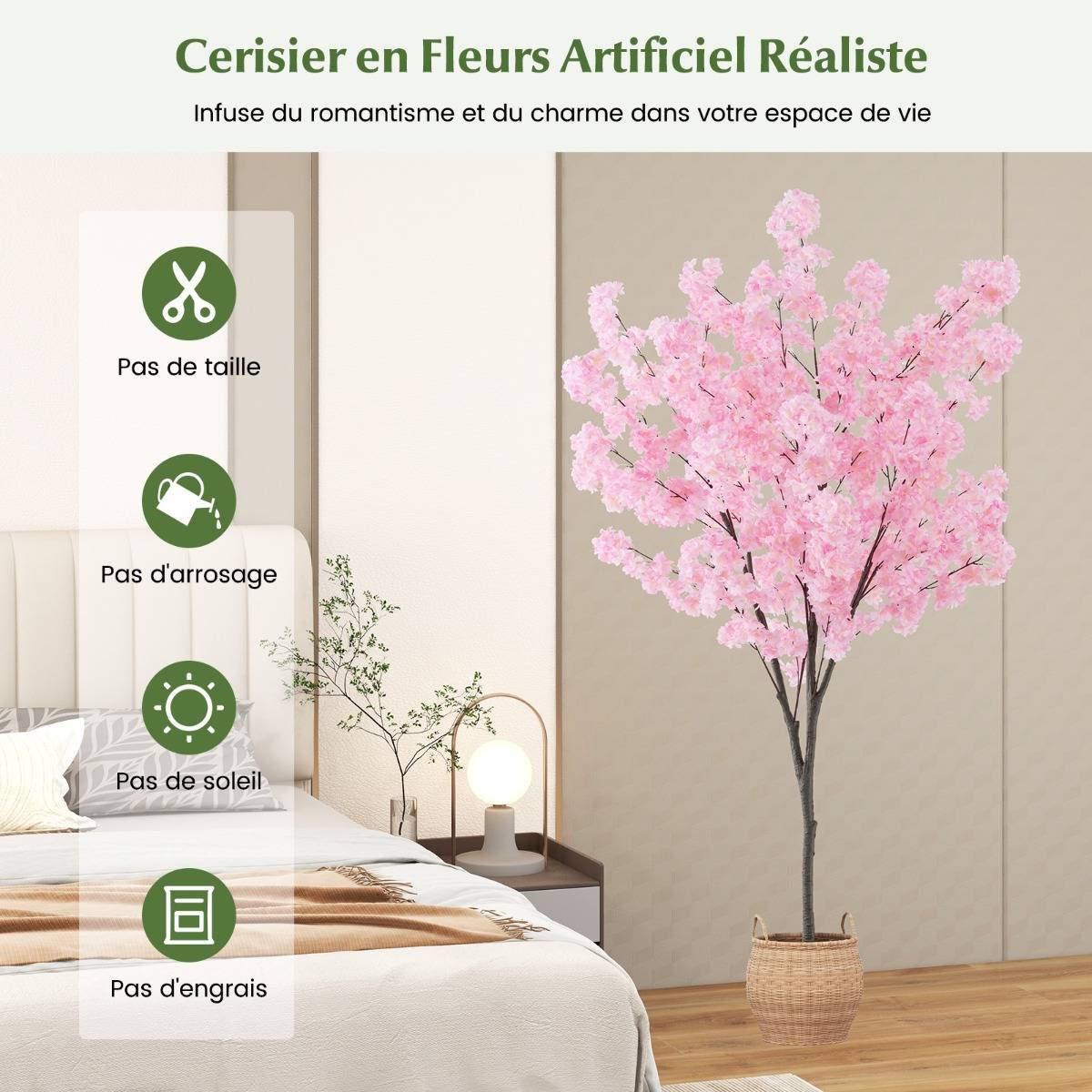 RELAX4LIFE Sakura-Cerisier, Plante Artificielle Décorative avec Pot Rempli de Ciment, Tronc en PE, Pétales en Tissu, Décoration pour Maison, Bureau, Aucun Montage Requis (170cm,Rose,1