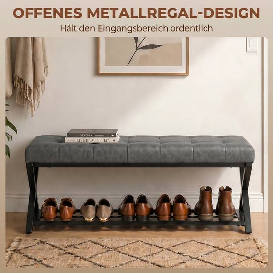 Banc d’entrée rembourré en similicuir 112x37x47 cm, capacité 220 kg, meuble à chaussures pour couloir, design moderne, gris foncé - Image 8
