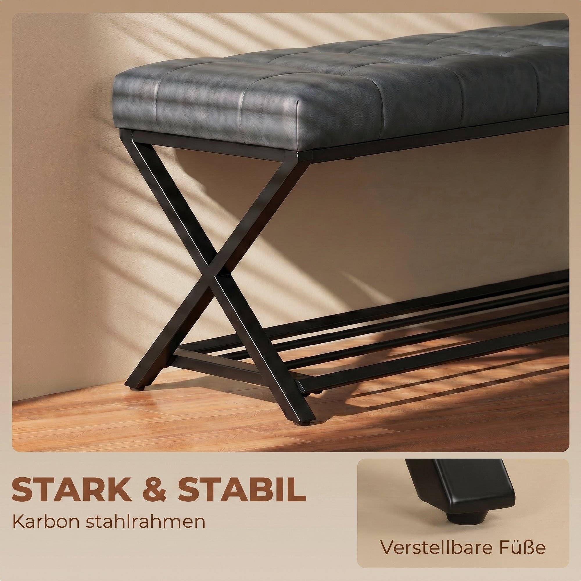 Banc d’entrée rembourré en similicuir 112x37x47 cm, capacité 220 kg, meuble à chaussures pour couloir, design moderne, gris foncé - Image 9